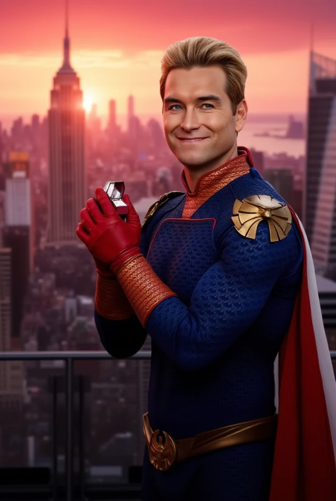 Homelander wearing a superhero outfit with a cape, blonde hair, blue eyes, red gloves, down on one knee, holding a small box with a diamond ring inside, proposing to the camera, POV proposal, 1boy, ((((((((((((((((((solo)))))))))))))))))), (((smiling))), full body, on the roof of a building in New York City, beautiful red sunset, picturesque, 4k, masterpiece, ((((looking at the camera)))), happy