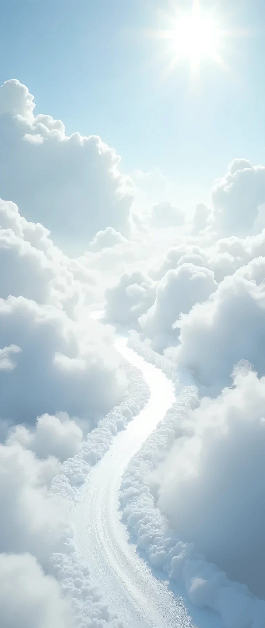 pure white narrow road made by cloud, above the clouds stretches to far beyond. pure white place . mystical alley. alley to heaven. bright, shiny, nothing you can see instead of alley. looks like a dream