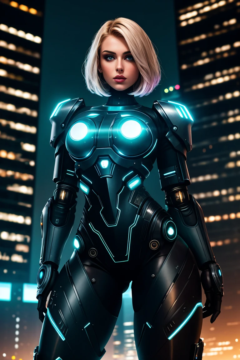 european woman blonde hair in sexy cop costume, pretty face, sky line, cyber cop, night city, top eye view,
realistic, 1girl, xmech, robot,
slim body, small hip, sexy pose, big breast,
high detail, realistic, photo quality, high quality, (photorealistic:1.4), <lora:allymech:1>
