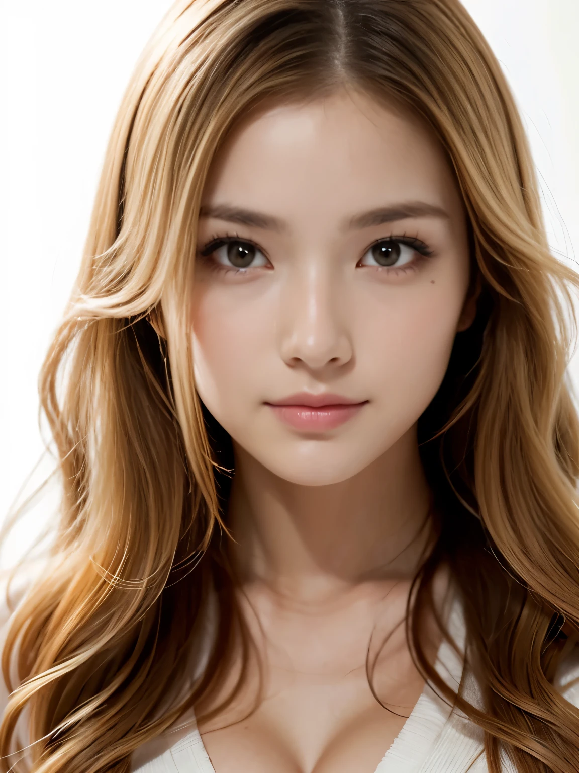 ((((blonde, Super long hair, very Long Hair, Fluffy Wave, white background, blonde, Look forward, Nordic))))))), blonde, Tabletop, Highest quality, Photorealistic, In detail, High resolution, 8k wallpaper, Perfect dynamic composition, Beautiful attention to detail, Long Hair, Big ample breasts, 24-years-old, (Droopy Eyes 1.4), Adult Beauty, Japanese, Big Breasts,