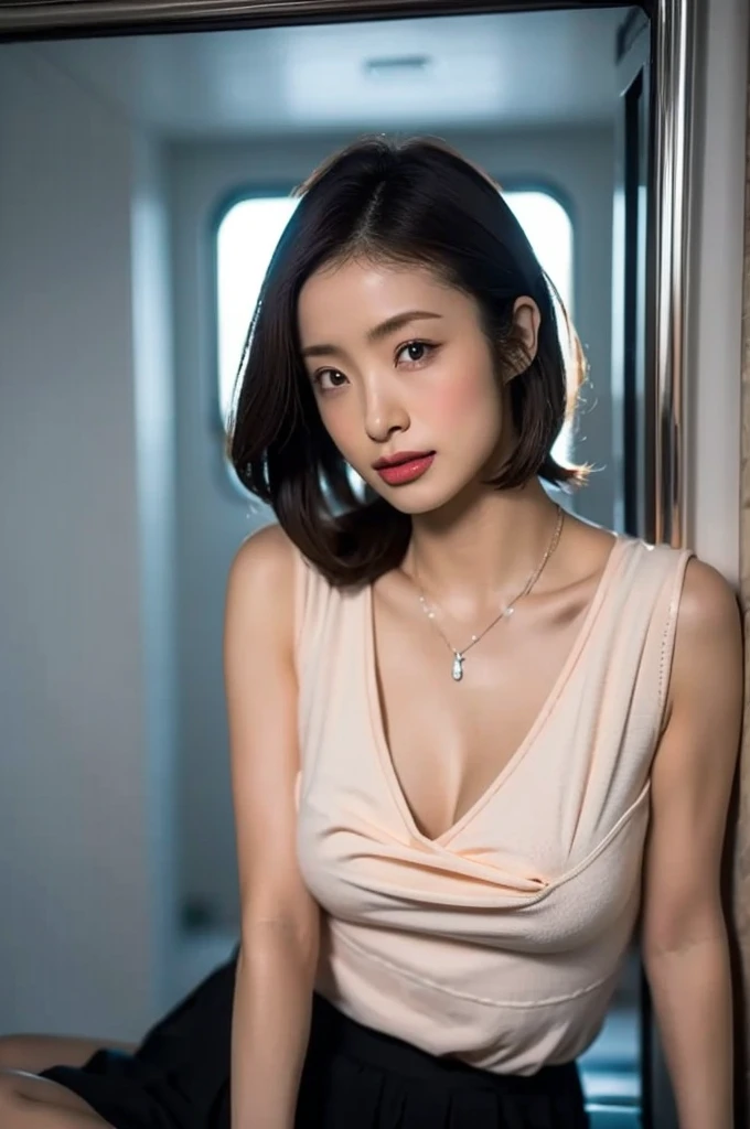 one girl,blush,look at the audience,big breast slip dress,Party dress that hugs the chest,Wet, shiny face,Wetような艶肌,Wetような光沢のある服,wet hair,flower,hairpin,necklace,earrings,written boundary depth,尖ったred mouth,(Her short reddish-black hair has a wet shine.),red mouth,clavicle,beautiful fingers,full body portrait,Wet顔がかわいい,(Photoreal:1.3),(RAW photo), (table top,highest quality,Ultra high resolution output image), (8K quality),(Image mode Ultra HD), black hair, solid circle eye, light smile, （short hair, bob cut）, I opened my eyes, surrealism, cast a shadow, anaglyph, stereogram, tachi-e, throw, atmospheric perspective, cinematic lighting, nikon, 8k, Super detailed, Accurate, highest quality, rough skin, anatomically correct, masterpiece