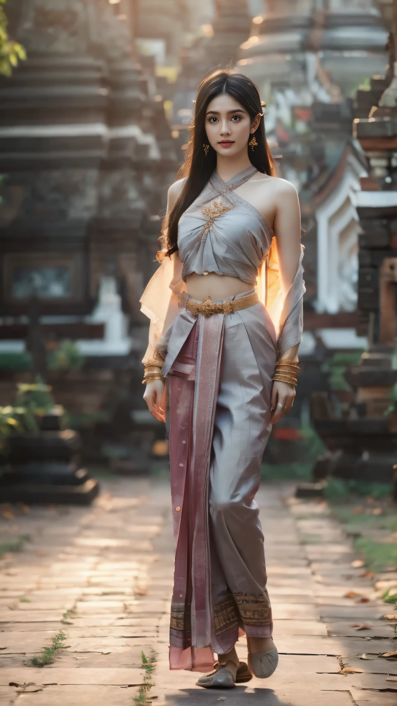 beautiful girl ,Thailand Female, walking at (((Wat Arun))) in Bangkok, dynamic poses, light grey Traditional Thai dress, tradition shawl, long hair,black eyes,abdominal muscles, plumpy body, rounded breast, (small breast:1.3), Morning sunshine, Eyes on the audience, (sexy poses), ((face details)), Double eyelids, reeds, realistic, masterpiece, highest quality, lens flare, shade, temple, [[chromatic aberration]], by Jeremy Lipking, by Antonio J. Manzanedo, (((full body))).
