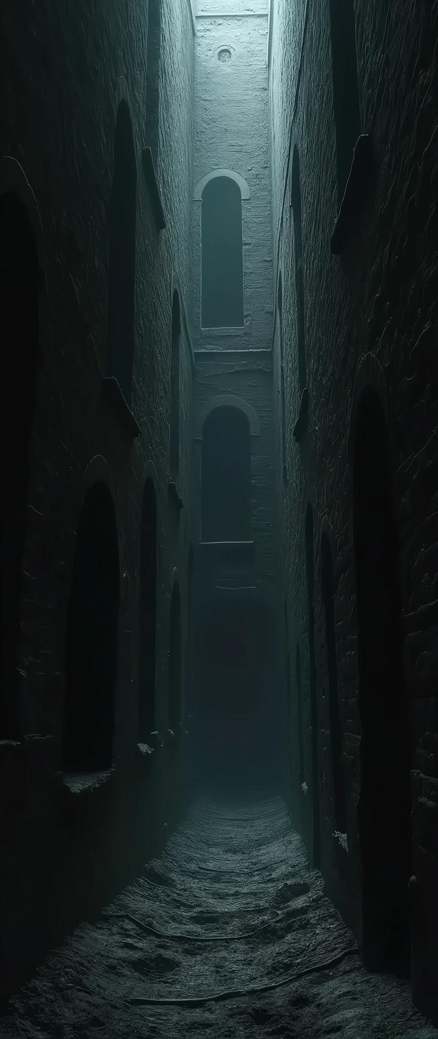 very narrow downhill alley to underground into the darkness. leading to hell. evil atmosphere. no light at all.