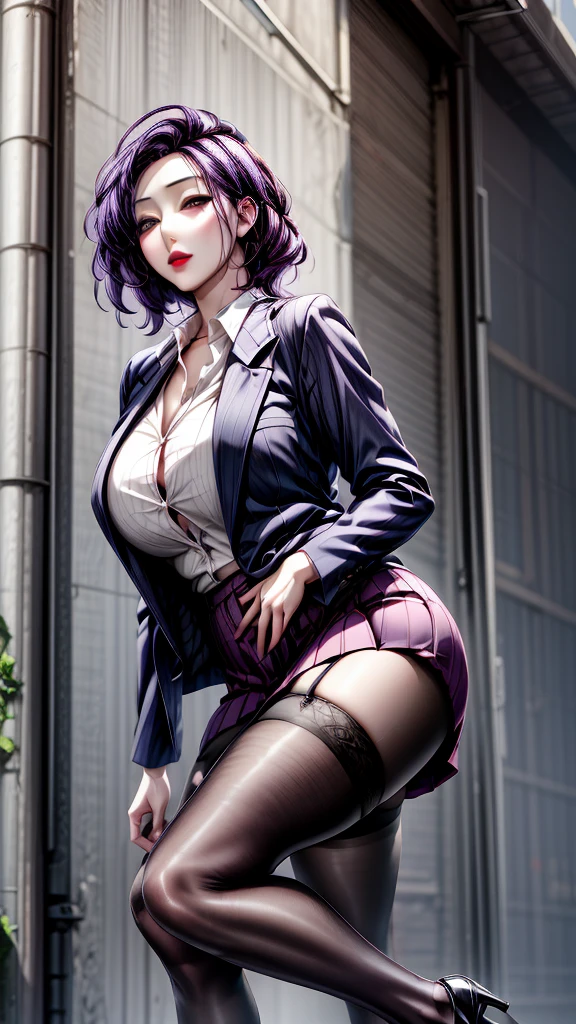 a beautiful Kim mi Jung leaning down , purple hair , purple eyes, lipstick ,huge saggy breasts ,shirt,blazer skirt, stockings,