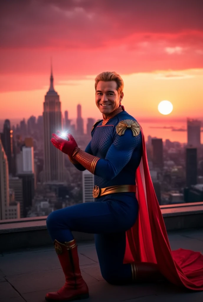 Homelander wearing a superhero outfit with a cape, blonde hair, blue eyes, red gloves, down on one knee, holding a small box with a diamond ring inside, proposing to the camera, POV proposal, 1boy, ((((((((((((((((((solo)))))))))))))))))), (((smiling))), full body, on the roof of a building in New York City, beautiful red sunset, picturesque, 4k, masterpiece, ((((looking at the camera)))), happy