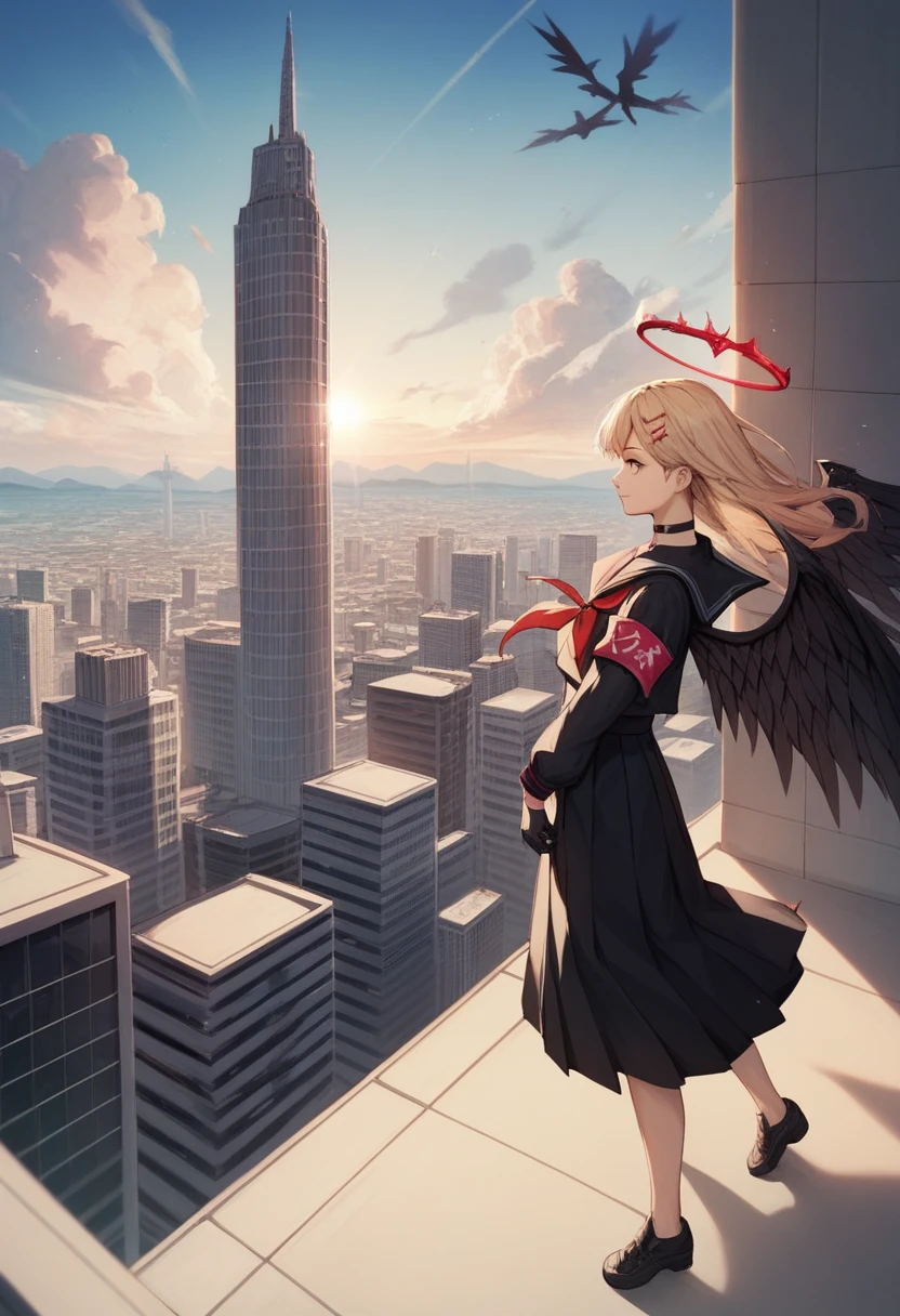 1girl, ichikadef, hairclip, halo, black serafuku, black sailor collar, red neckerchief, black shirt, black skirt, black gloves, black choker, armband, long sleeves, black wings, building, chain, city, cityscape, cloud, cross, crown, darkness, day, fantasy, floating hair, from side, full body, metal wings, on roof, outdoors, satellite dish, scenery, skyscraper, sunlight, tower, window