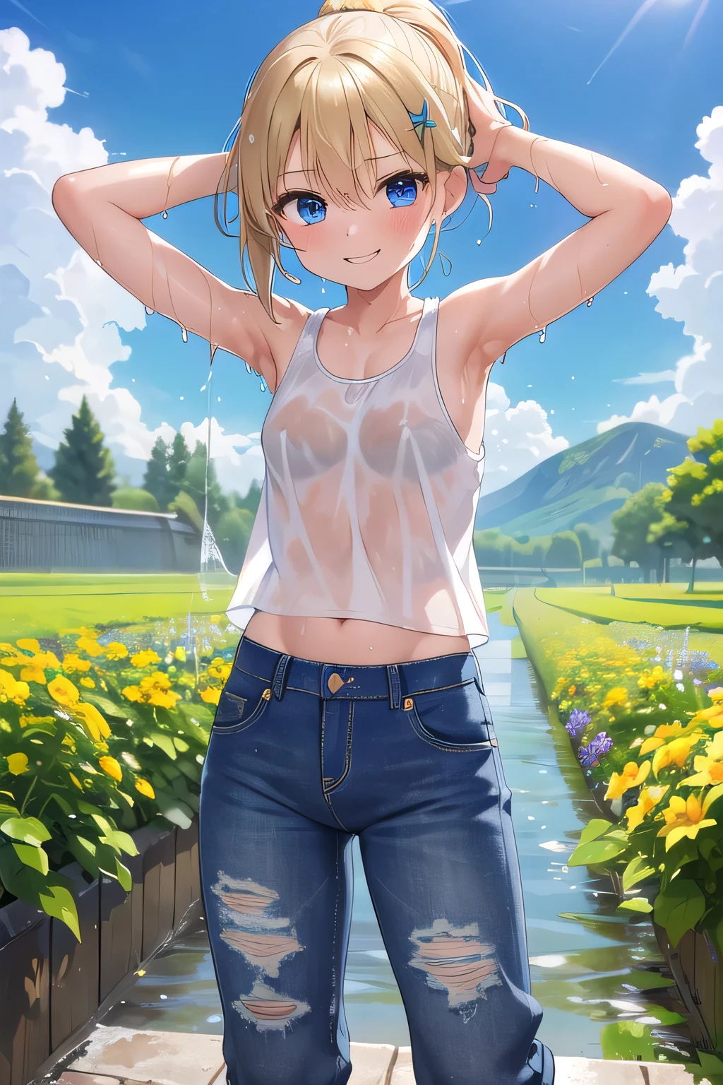 masterpiece,best quality,ultra detail,1girl, yo,pee,smile happy,flower garden,sunshine,cloud,ponytail hair, blue eyes, blonde hair, hair ornament, x hair ornament,Raise your arms and behind your head,White teeth, white tank tops,jeans, Drenched in sweat, wet jeans, wetting herself, (wet clothes:1.7)