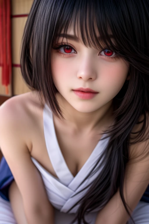 "An ultra-detailed close-up of Tokisaki Kurumi's face, captured with a Canon EOS R5 and Canon RF 85mm f/1.2L lens at ISO 200, showing her exquisite, expressive red eyes and black hair partially covering one eye. She is dressed in a red kimono, sitting on a bed in a traditional Japanese bedroom, with soft, diffuse three-point lighting highlighting her delicate features, reminiscent of the richly colored portraits of Annie Leibovitz."