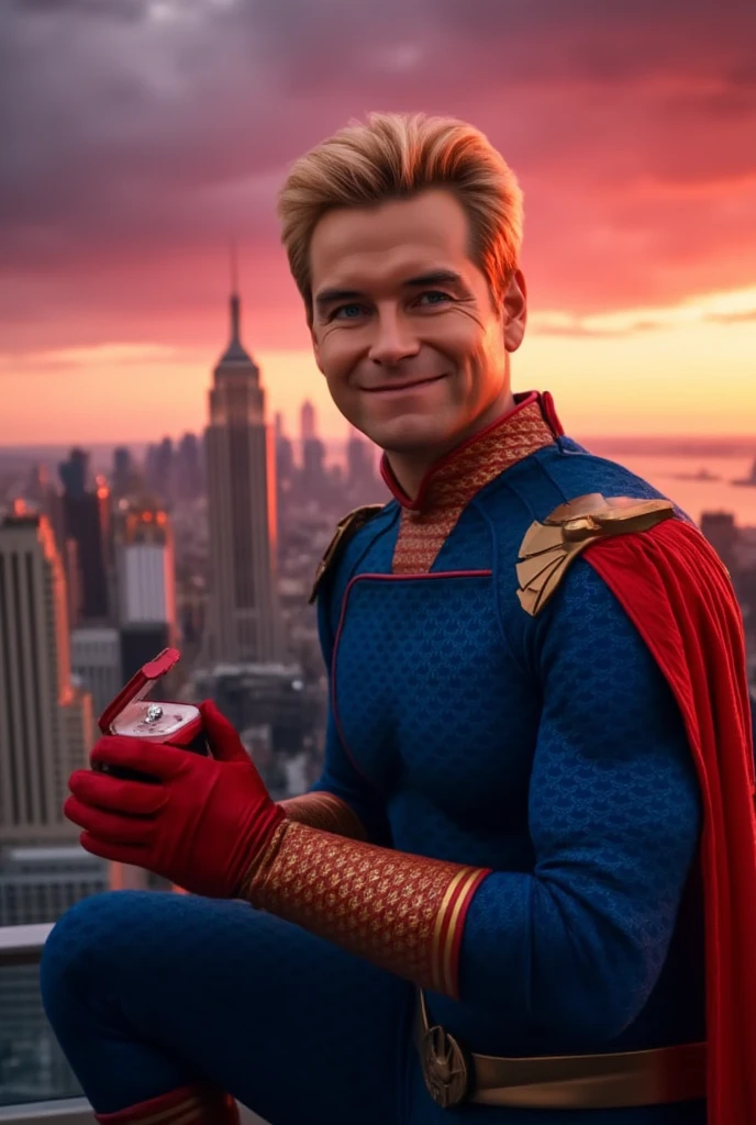 Homelander wearing a superhero outfit with a cape, blonde hair, blue eyes, red gloves, down on one knee, holding a small box with a diamond ring inside, proposing to the camera, POV proposal, 1boy, ((((((((((((((((((solo)))))))))))))))))), (((smiling))), full body, on the roof of a building in New York City, beautiful red sunset, picturesque, 4k, masterpiece, ((((looking at the camera)))), happy