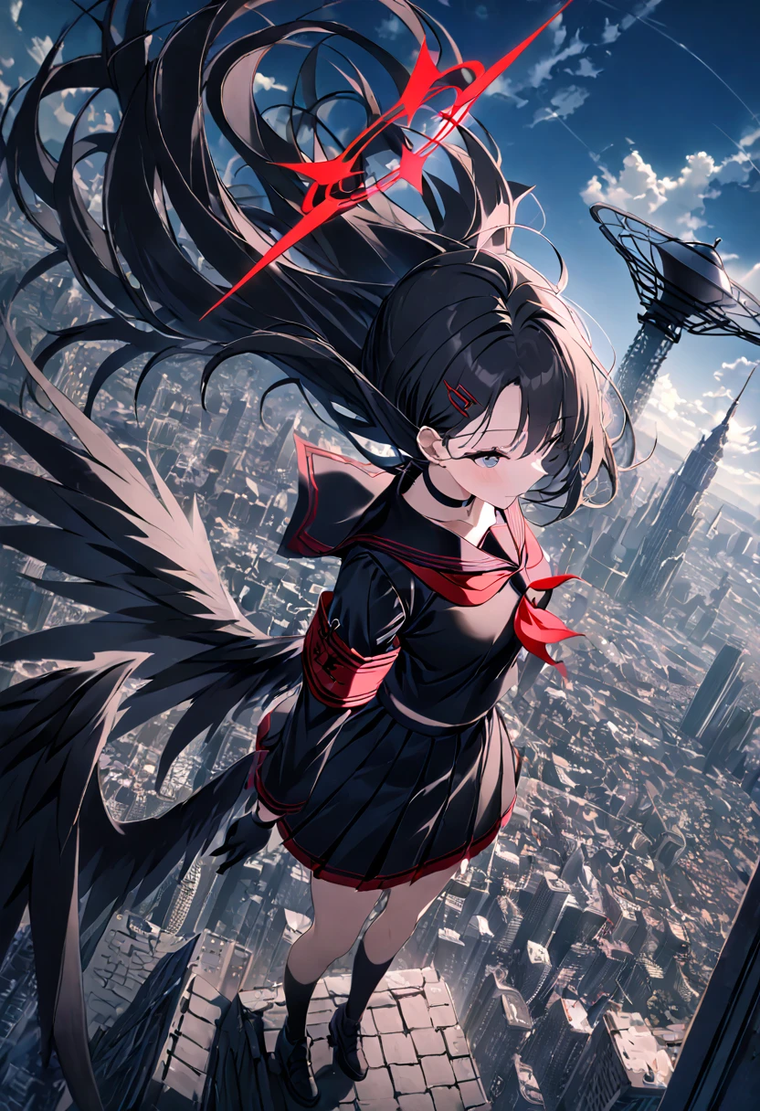 1girl, ichikadef, hairclip, halo, black serafuku, black sailor collar, red neckerchief, black shirt, black skirt, black gloves, black choker, armband, long sleeves, black wings, building, chain, city, cityscape, cloud, cross, crown, darkness, day, fantasy, floating hair, from side, full body, metal wings, on roof, outdoors, satellite dish, scenery, skyscraper, sunlight, tower, window