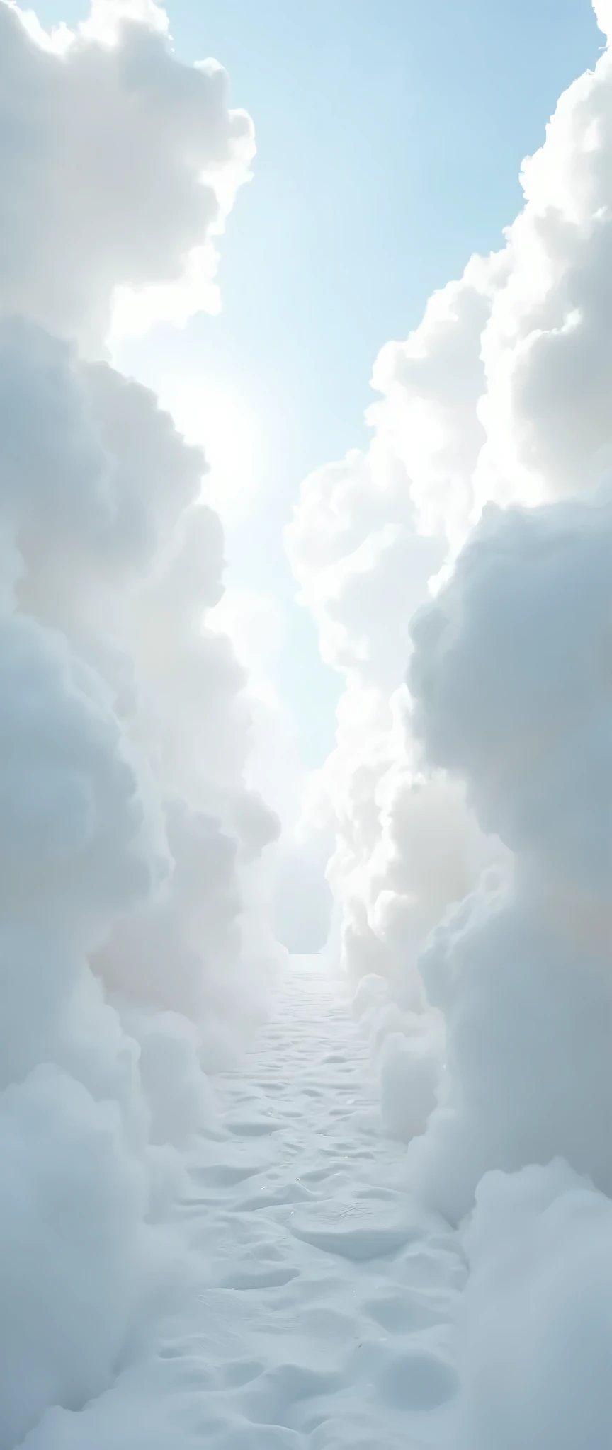 pure white narrow road made by cloud, above the clouds stretches to far beyond. pure white place . mystical alley. alley to heaven. bright, shiny, nothing you can see instead of alley. looks like a dream