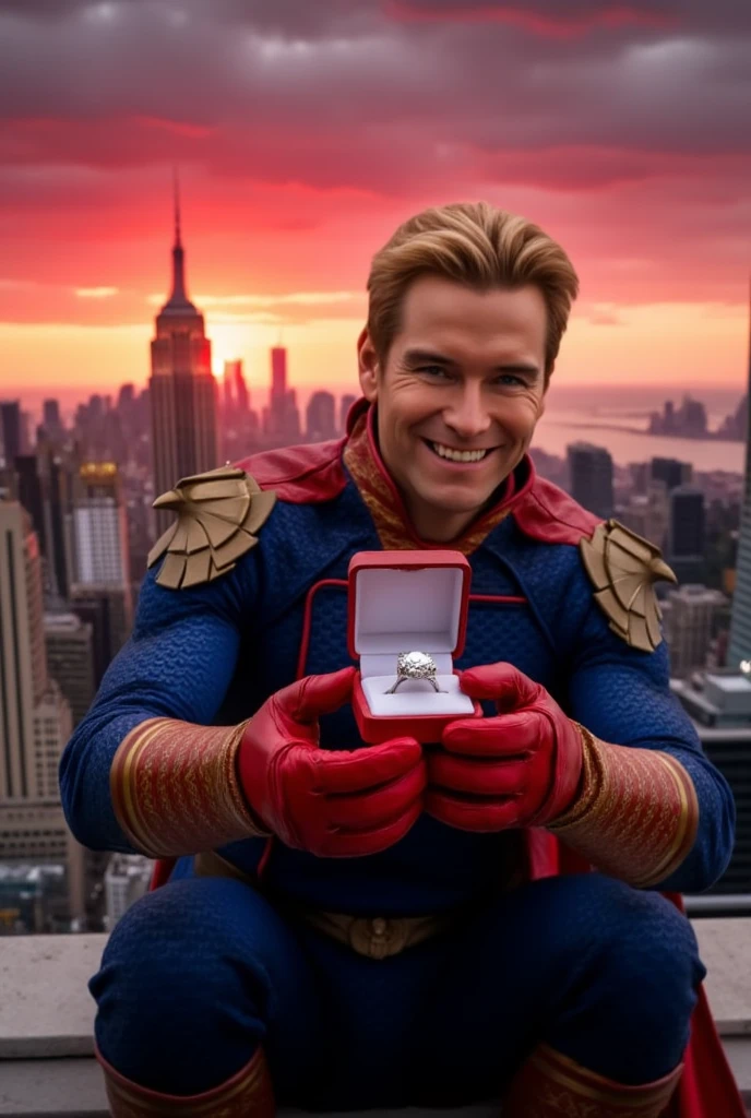 Homelander wearing a superhero outfit with a cape, blonde hair, blue eyes, red gloves, down on one knee, holding a small box with a diamond ring inside, proposing to the camera, POV proposal, 1boy, ((((((((((((((((((solo)))))))))))))))))), (((smiling))), full body, on the roof of a building in New York City, beautiful red sunset, picturesque, 4k, masterpiece, ((((looking at the camera)))), happy