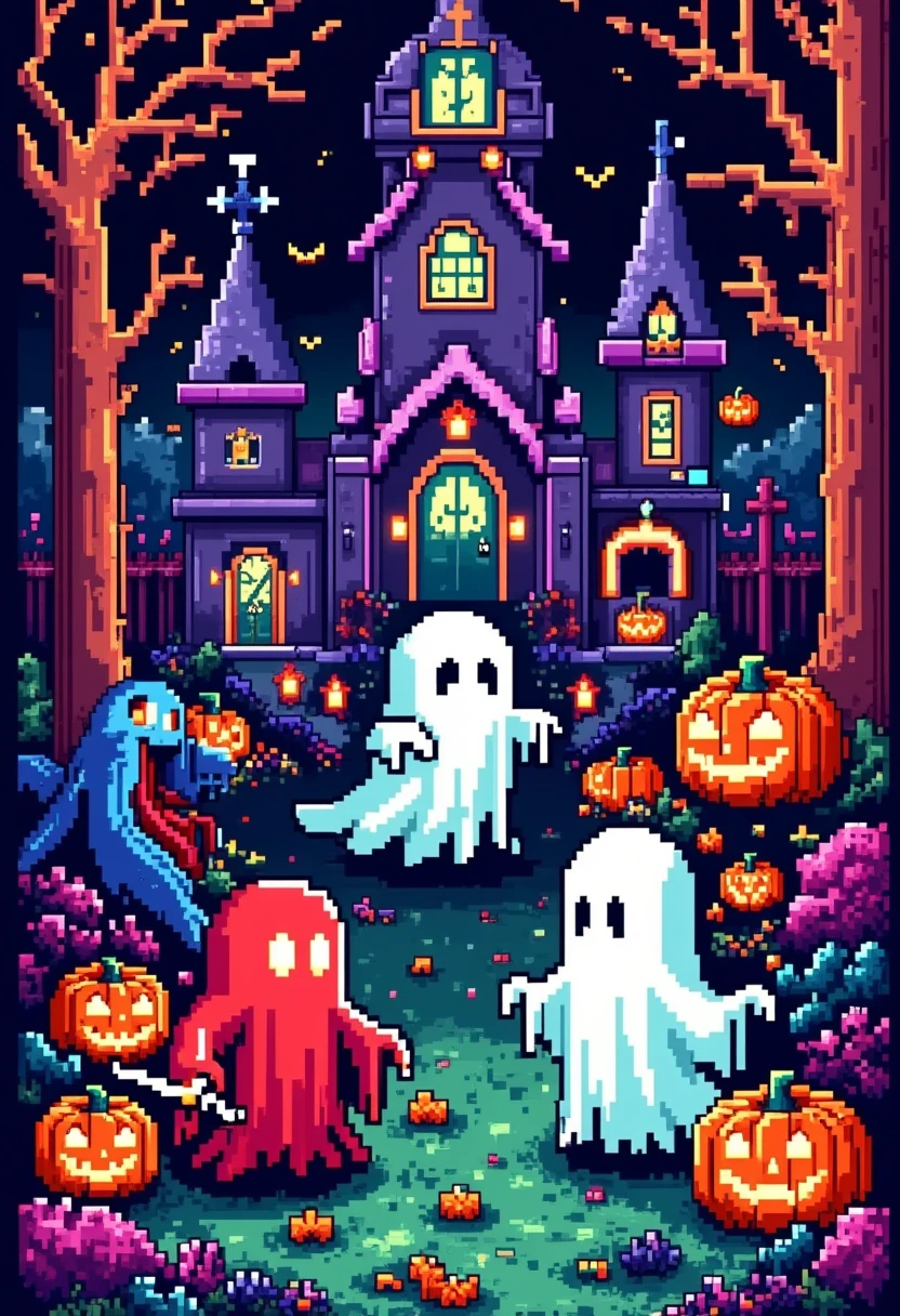 Retro pixel game, Halloween ghost battle, dark style, high saturation color matching, ethereal and weird background, cover art, gorgeous pixel art, magical fantasy art, Halloween elements, Famicom, 8-bit pixels, pixel style, 1wsjxs1