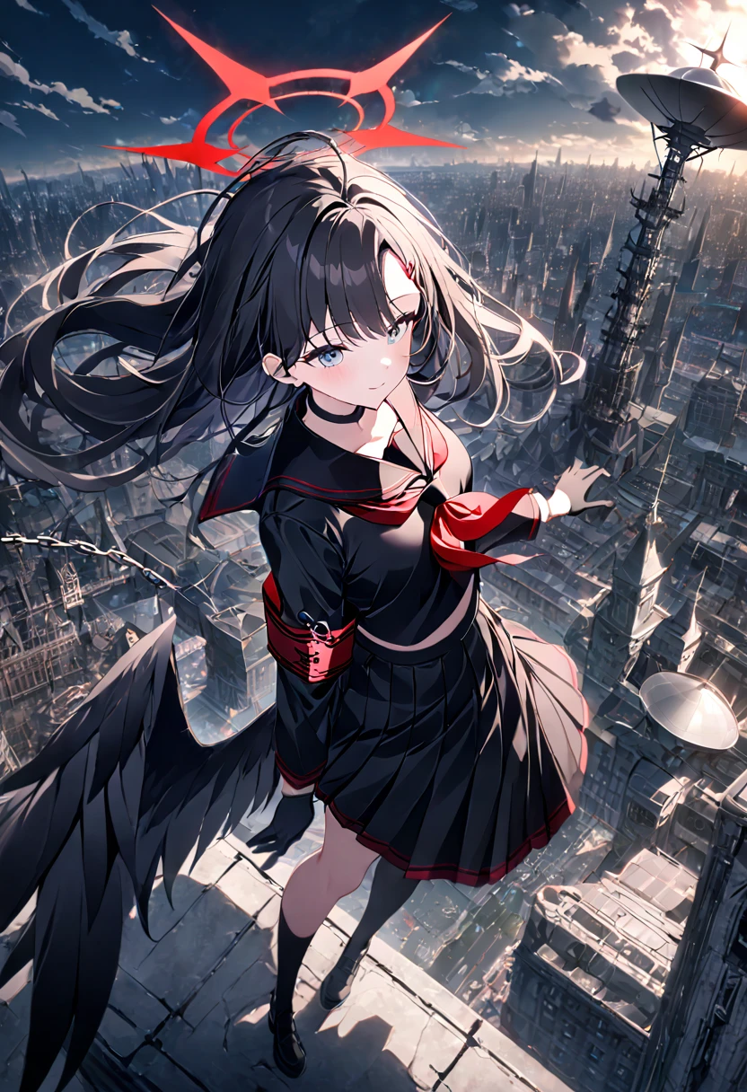 1girl, ichikadef, hairclip, halo, black serafuku, black sailor collar, red neckerchief, black shirt, black skirt, black gloves, black choker, armband, long sleeves, black wings, building, chain, city, cityscape, cloud, cross, crown, darkness, day, fantasy, floating hair, from side, full body, metal wings, on roof, outdoors, satellite dish, scenery, skyscraper, sunlight, tower, window