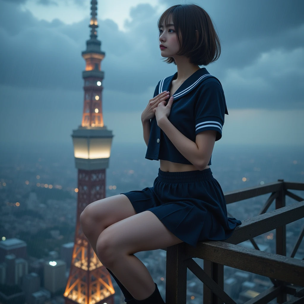 Skytree,  Illuminations,  A woman sits on the tip of a steel frame of a tall radio tower:1.331,  dangerous border , Side view, from side:1.8, (Best Quality:1.4),  32k high resolution UHD , (masterpiece:1.2),  Extremely Detailed Real Photo, (Realistic, 超Realistic:1.4),  very beautiful Japanese woman in uniform, Lovely Japanese Woman ,  famous beautiful Japanese idol , Perfect composition, Proper placement, Golden Ratio, Rainy dusk :1.331, Intensive heavy rain :1.331, Guerrilla rainstorm,  large typhoon , Thunderstorm ,  faint light through gaps in the clouds:1.331,  anatomically correct proportions :1.331,  has a small head:1.331,  Slender body:1.331,  thin waist:1.331, Thin limbs:1.331,  flat chest:1.331, Cover your chest with your hands:1.21,  Japanese high school sailor suit  :1.21, Short sleeve clothing, White short-sleeved sailor uniform :1.21, sera fuku:1.21, navy mini skirt, I can see her belly button , Brown Hair,  BOB CUT HAIR :1.21, Symmetrical eyes,  very beautiful clear eyes ,  Beautiful Hair Fluttering in the Wind , 