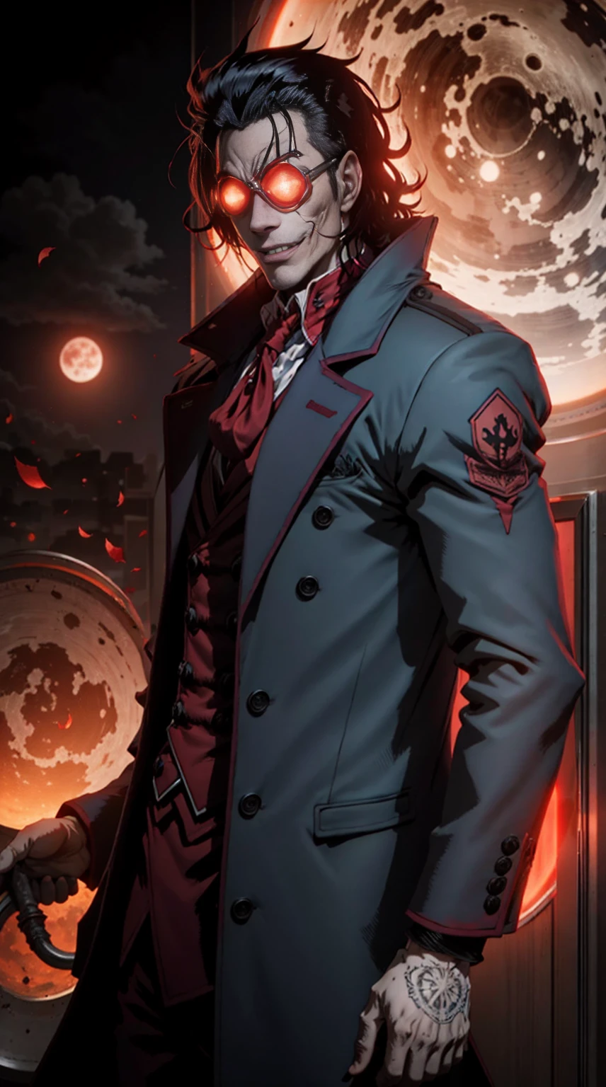 hellsing, character joker , (man) Dynamically possessed standing character ,  red overcoat, red glass, night landscape, red moon in the background,  black hair , possuído dinamicamente