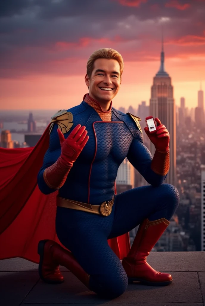 Homelander wearing a superhero outfit with a cape, blonde hair, blue eyes, red gloves, down on one knee, holding a small box with a diamond ring inside, proposing to the camera, POV proposal, 1boy, ((((((((((((((((((solo)))))))))))))))))), (((smiling))), full body, on the roof of a building in New York City, beautiful red sunset, picturesque, 4k, masterpiece, ((((looking at the camera)))), happy