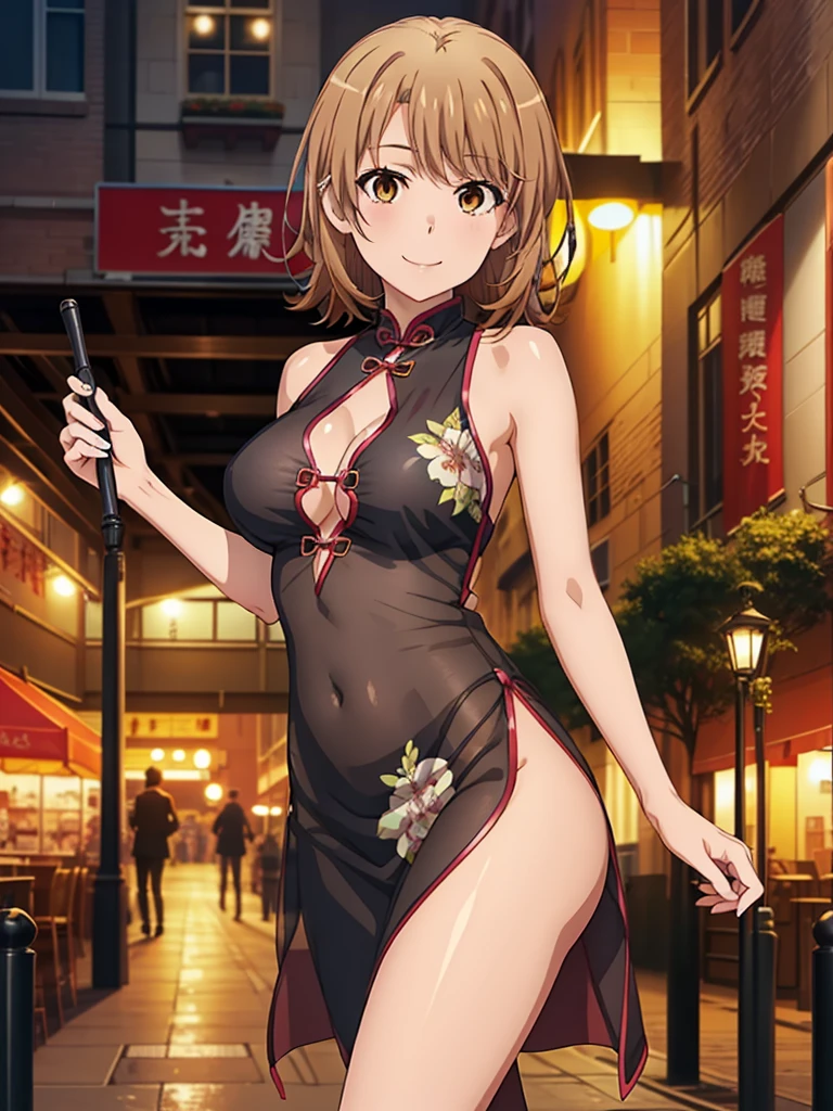 ((Best Quality,  high definition,  Pixel perfect,  4K)),  ( beautiful anime girl),  depth of written boundaries 、
  Watching the Audience  , 
 PERFECT BODY , 

Isshiki Iroha,  Brown Eyes 、Detailed eyes、

(Big Breasts:1.2)、
 1 girl, 

transparent_Cheongsam,Clothes cutouts ,( see-through :1.2),

smile、、

street、 Knight 、