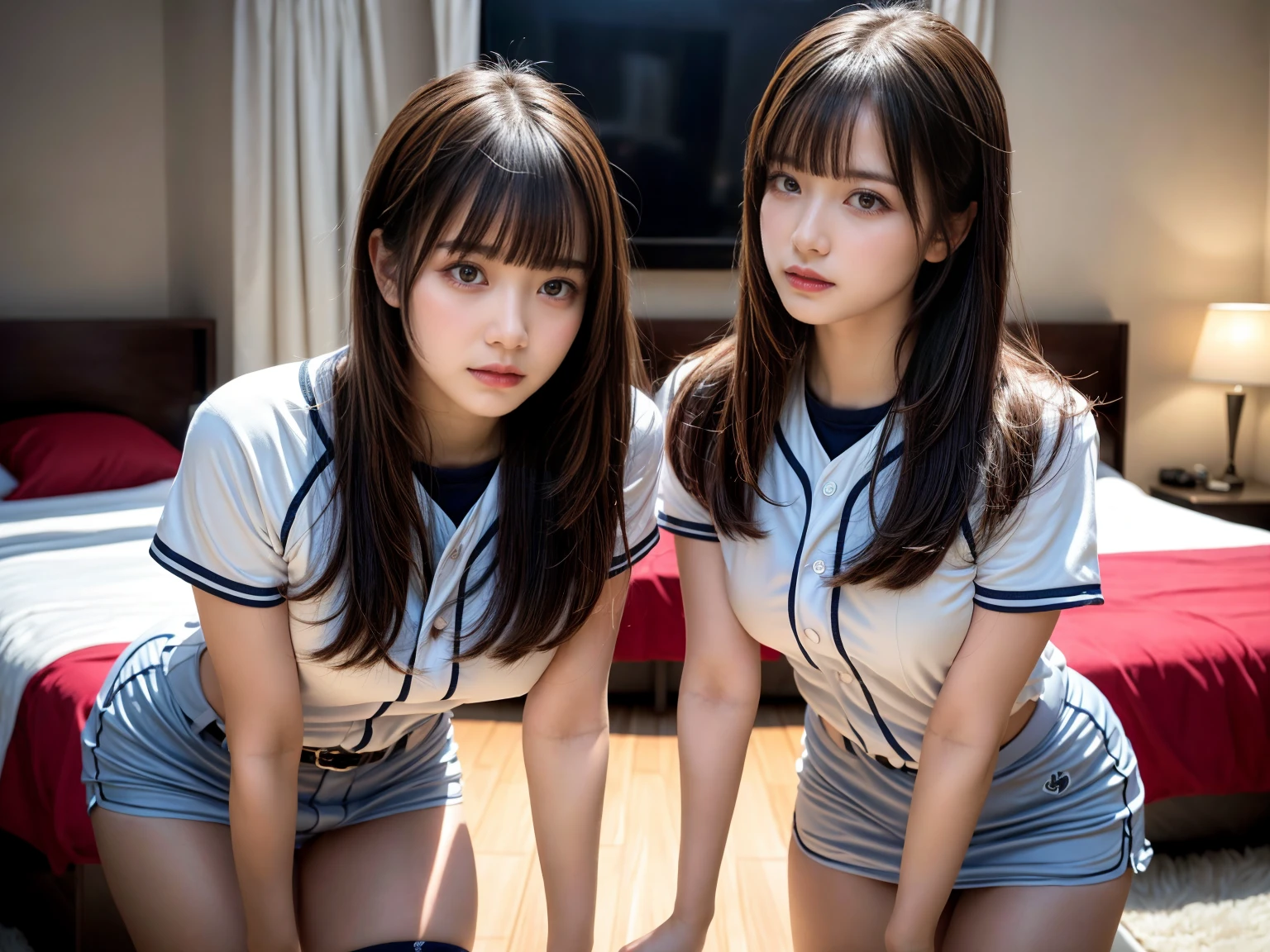 (RAW photo, 4k, masterpiece, high resolution, extremely complex) (realistic: 1.4), cinematic lighting
((2 girls)),Slam Dunk's,blushing,((innocent)),(Dark makeup),bright eyes,round eyes,blunt bangs,(straight hair:1.3),black hair,large breasts,wide hips,Summer Noon, 20 year old girl、cute type、lolita,Hot, (Best Quality), (Highres), (an Extremely Delicate and Beautiful),(Beautiful 8k face),(Brown eyes),short bob hair,( spectators),(gigantic breasts),(Play with each other,Touching each other's bodies,Touching the body),((Baseball Uniforms), a miniskirt, Toned buttocks),(reality),bright lighting,(The background is a luxury hotel room)