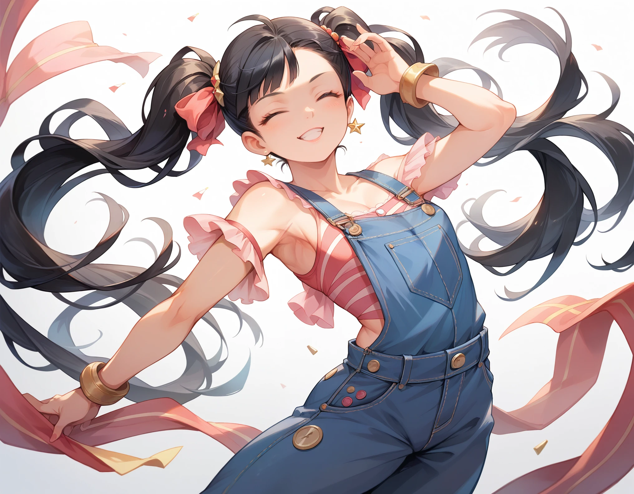 (((Best quality, 8k, Masterpiece: 1.3)), ((best quality)), ((masterpiece)), (detailed), perfect face, black hair, long hair, twintails, ribbon, Girl in overalls, dancing, Street dancer, street fashion, hip hop