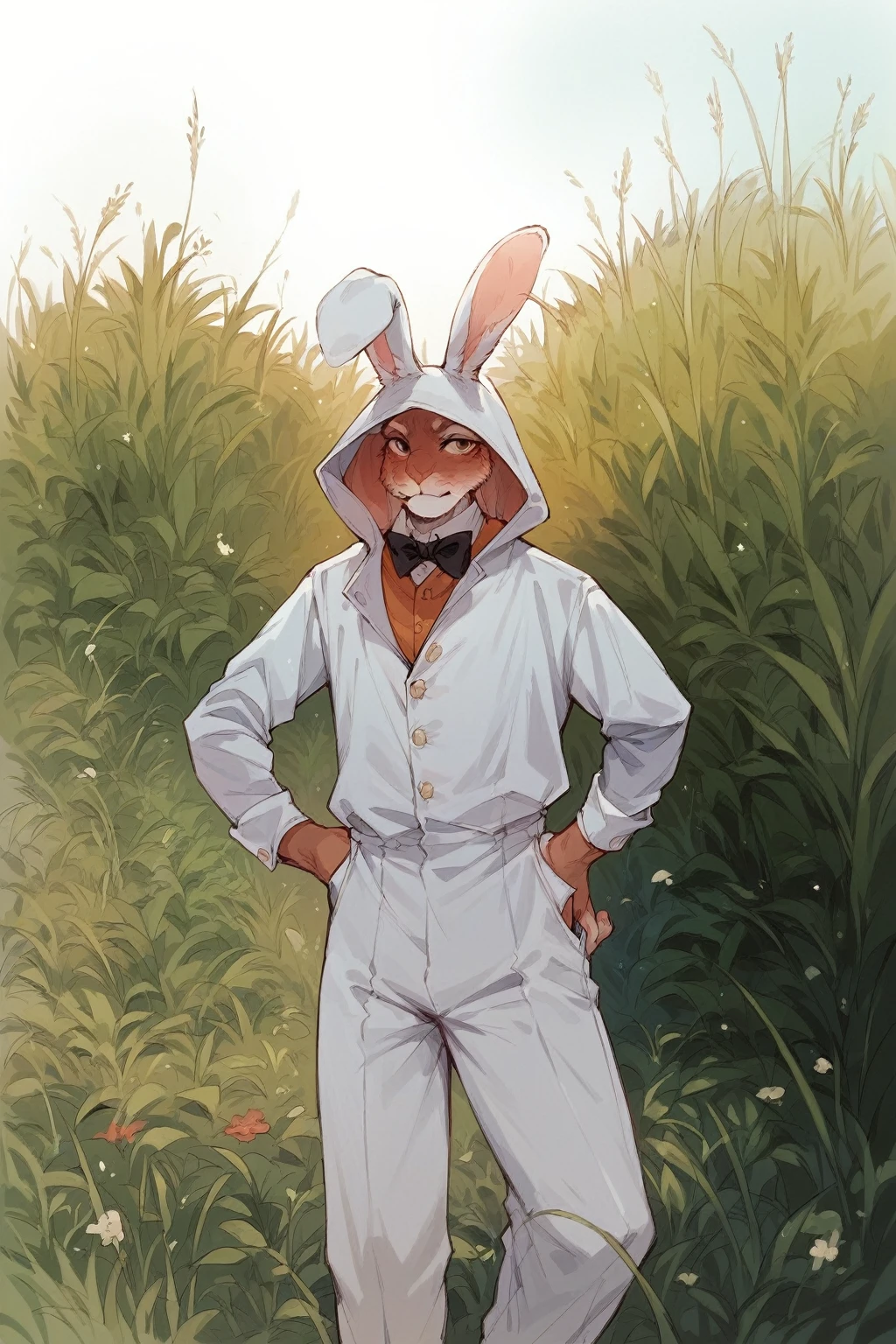  Woman dressed as a rabbit , bunny costume, Tall grass.
