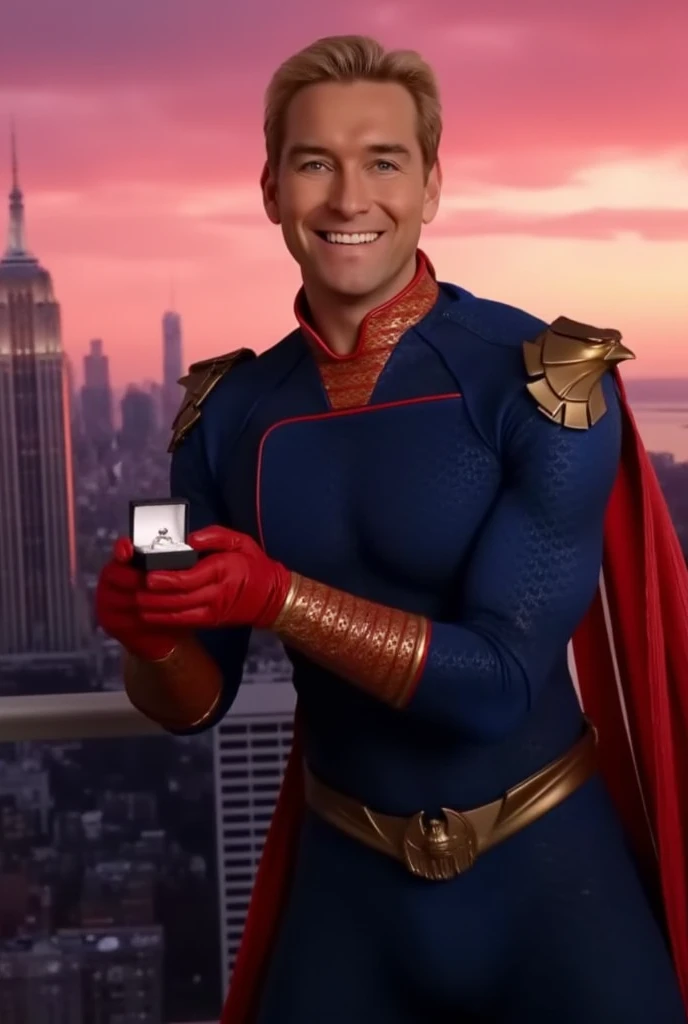 Homelander wearing a superhero outfit with a cape, blonde hair, blue eyes, red gloves, down on one knee, holding a small box with a diamond ring inside, proposing to the camera, POV proposal, 1boy, ((((((((((((((((((solo)))))))))))))))))), (((smiling))), full body, on the roof of a building in New York City, beautiful red sunset, picturesque, 4k, masterpiece, ((((looking at the camera)))), happy