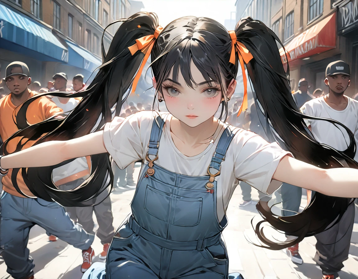 (((Best quality, 8k, Masterpiece: 1.3)), ((best quality)), ((masterpiece)), (detailed), perfect face, black hair, long hair, twintails, ribbon, Girl in overalls, dancing, Street dancer, street fashion, hip hop