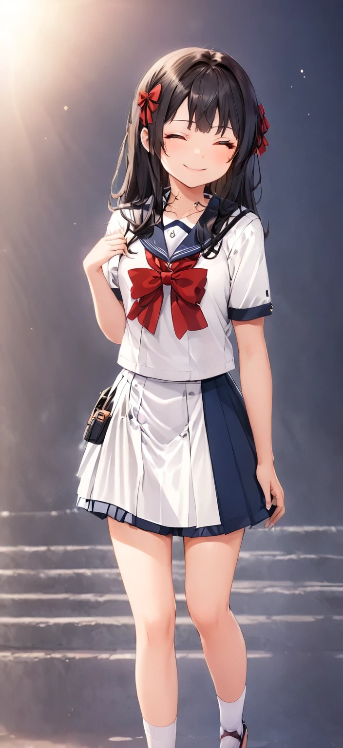 1 woman,High school girl, cute woman ,Wearing a white uniform, navy blue skirt,The ribbon is red,smile, eyes closed,Black Hair,