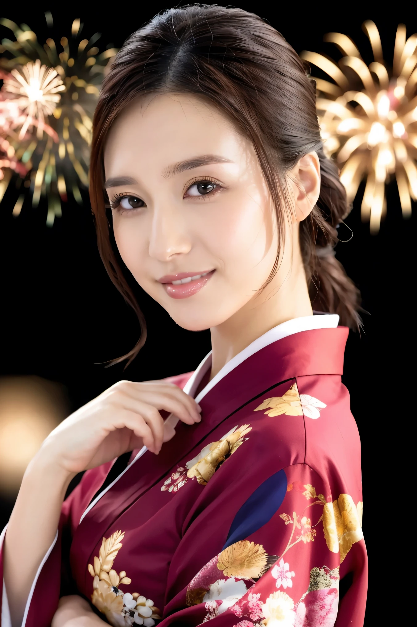 ( Best Quality 、  Table Top Covering Upper Arms  、8k、Award-winning works、 masterpiece )、(  cute woman  :1.1)、(  gorgeous and beautiful Japanese style kimono  :1.3)、(  moody and romantic fireworks background:1.3)、(  Glossy Lipstick  :1.1)、 Long eyelashes 、(  perfect makeup  :1.1)、Very beautiful lighting、(Chignon:1.2)、(Beautiful gorgeous hairpin  :1.1)、(  accurate anatomy  :1.3)、  Beautiful Ultra High Resolution Eyes  、(Super bright and radiant skin  :1.2)、( shiny red lips :1.1)、( Very white skinned woman :1.1)、(Symmetric:1.1)、(  cute smile :1.1)