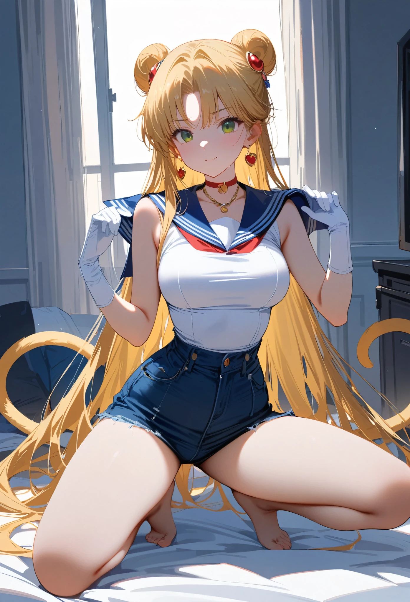 ( masterpiece ,  best quality:1.2),  Sailor Moon , 1 girl at home,  unique,blond,Long hair,Jewelry,whole body,Double tail,White gloves
