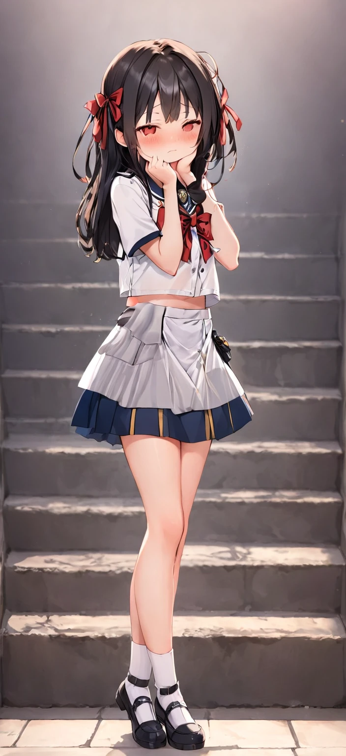 1 woman,High school girl, cute woman ,Wearing a white uniform, navy blue skirt,The ribbon on the uniform is red, eyes closed,Black Hair,blush, is embarrassed,