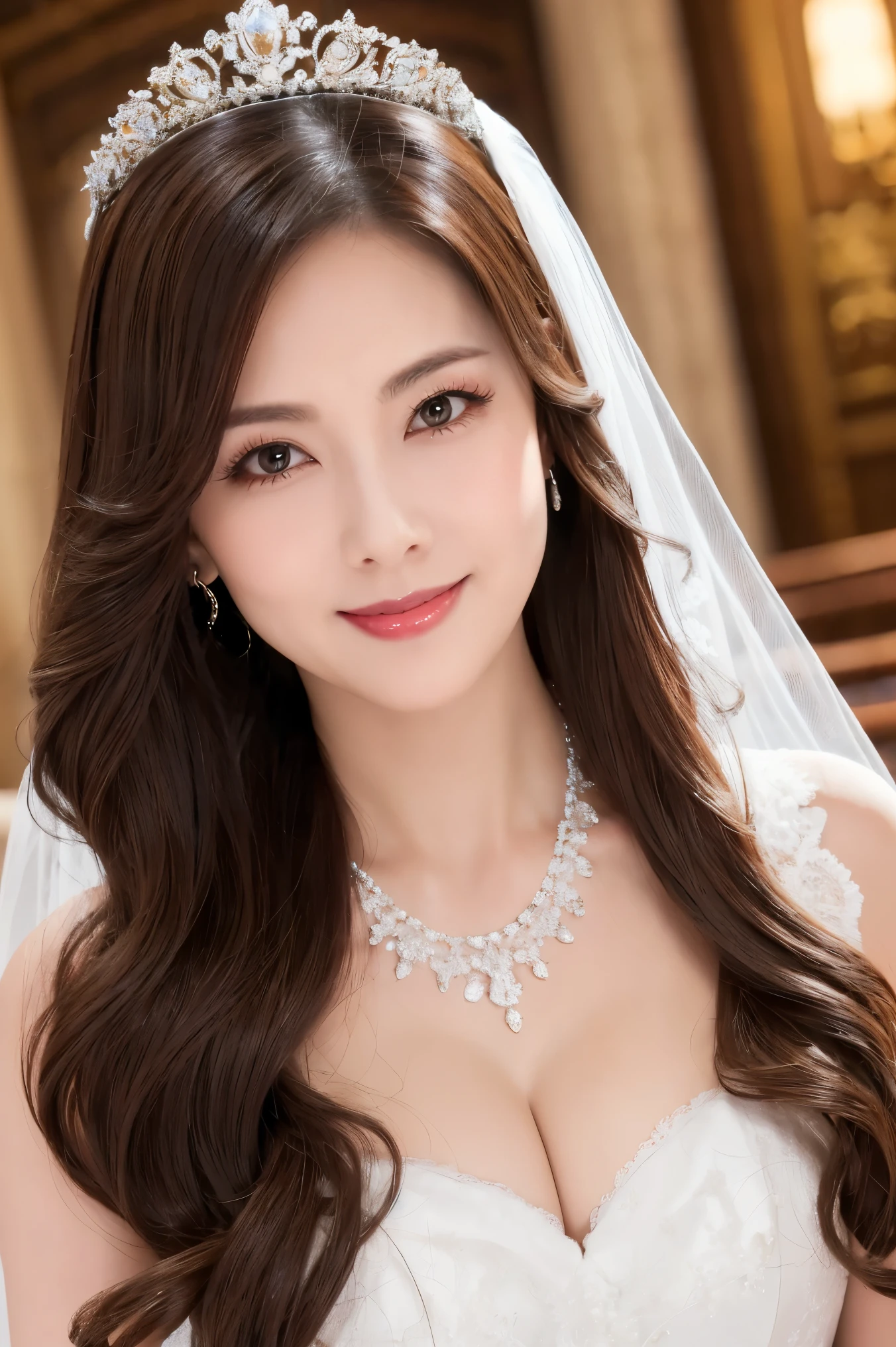 (Best Quality、 table top、8k、Highest quality、Award-winning works)、Beautiful Bride、(Alone:1.1)、( supreately luxurious giant wedding dress:1.1)、( Perfect Wedding Race :1.2)、( MOST GORGEOUS LUXURIOUS LUXURIOUS HUGE TIARA :1.1)、(The most gorgeous and extravagant giant necklace:1.1)、 look at me with the best smile 、 Large Selection of the Finest Jewelry 、Upper body photo、 perfect makeup 、 Long eyelashes、Ultra HD Shining Eyes、 ultra HD hair、 super high resolution glossy lips 、Ultra High Resolution Perfect Teeth、 Beautiful faces in ultra-high definition 、( accurate anatomy :1.1)、( Very bright and beautiful skin :1.2)、( Super Bright and Brilliant :1.2)、Bridal Hairstyles、A gorgeous and elegant church、Luxurious and Beautiful Churches