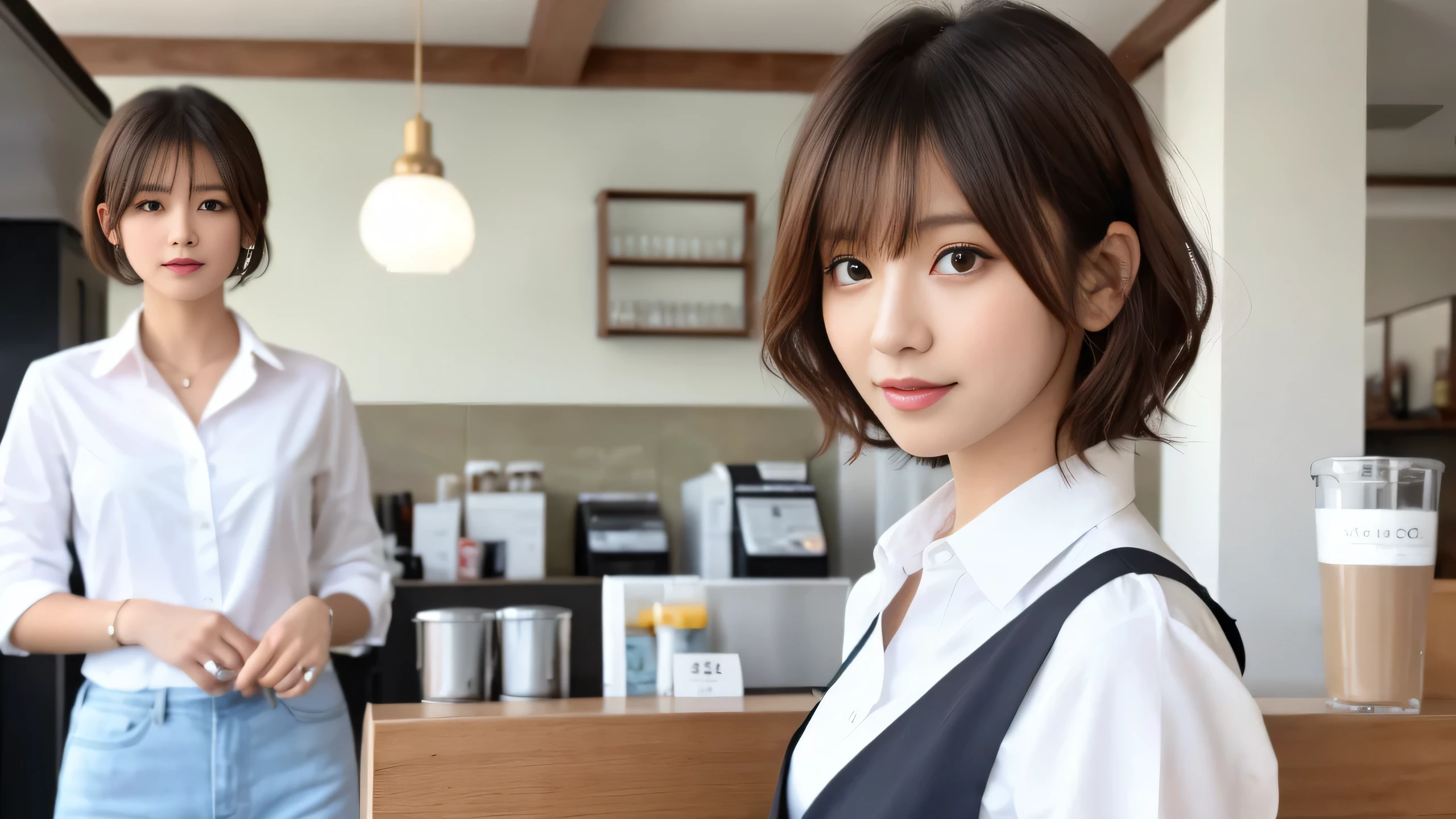 super high quality, Fashion Model, Short Hair, Slender, The staff is working at the counter in the back., (8k、RAW Photos、highest quality、masterpiece:1.2), Japanese Idol, Serious expression, Shaggy, brown hair, Stylish café, Fashion magazine shooting, (Realistic、Photorealistic:1.37), Beautiful Face , Mesh Hair, Normal chest, Urban Cafe, Golden Ratio, A gentle gaze, Spring Clothes, Beautiful hairstyle, White Shirt, Neat clothes, 

