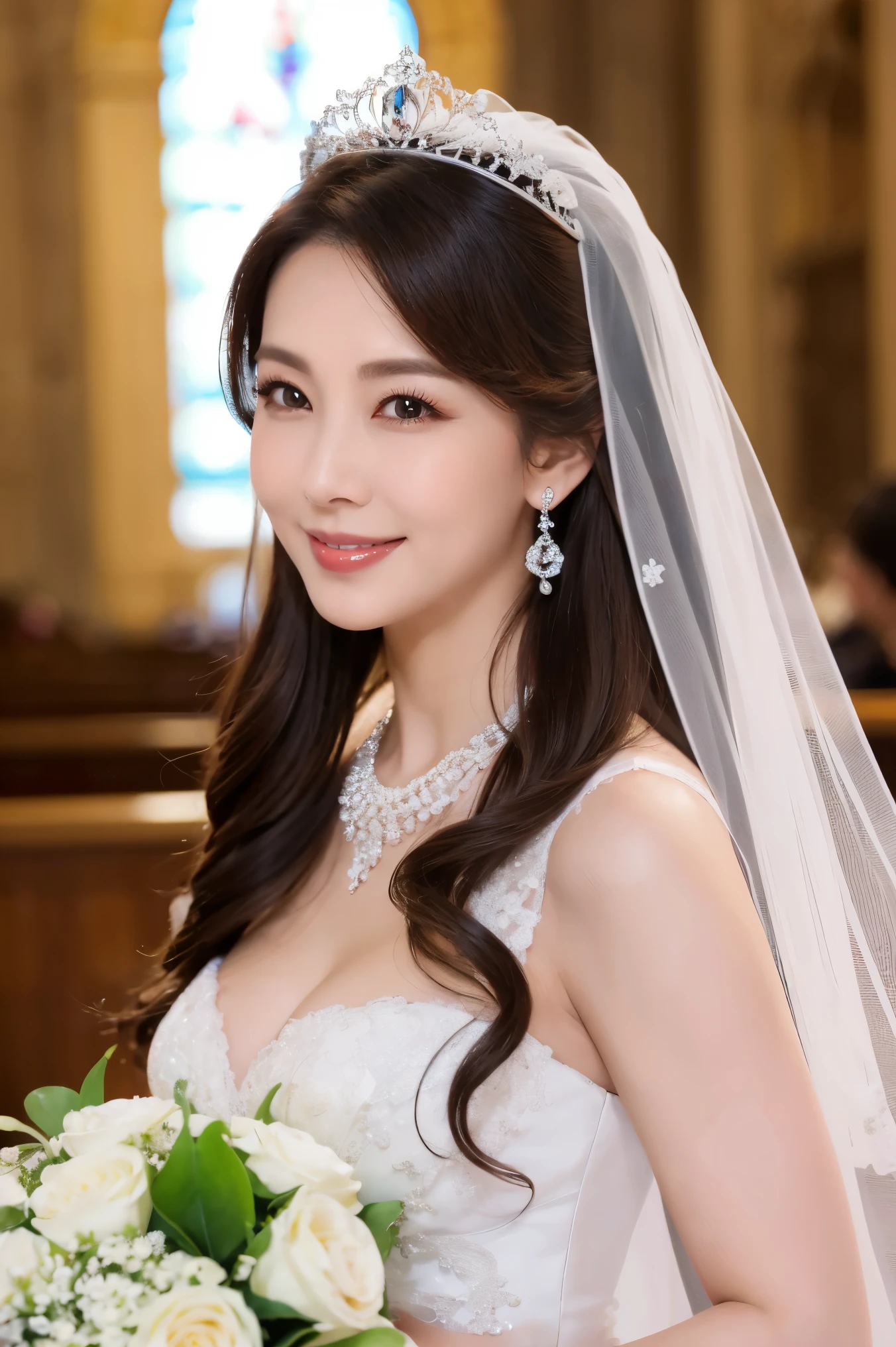 (Best Quality、 table top、8k、Highest quality、Award-winning works)、Beautiful Bride、(Alone:1.1)、( supreately luxurious giant wedding dress:1.1)、( Perfect Wedding Race :1.2)、( MOST GORGEOUS LUXURIOUS LUXURIOUS HUGE TIARA :1.1)、(The most gorgeous and extravagant giant necklace:1.1)、 look at me with the best smile 、 Large Selection of the Finest Jewelry 、Upper body photo、 perfect makeup 、 Long eyelashes、Ultra HD Shining Eyes、 ultra HD hair、 super high resolution glossy lips 、Ultra High Resolution Perfect Teeth、 Beautiful faces in ultra-high definition 、( accurate anatomy :1.1)、( Very bright and beautiful skin :1.2)、( Super Bright and Brilliant :1.2)、Bridal Hairstyles、A gorgeous and elegant church、Luxurious and Beautiful Churches