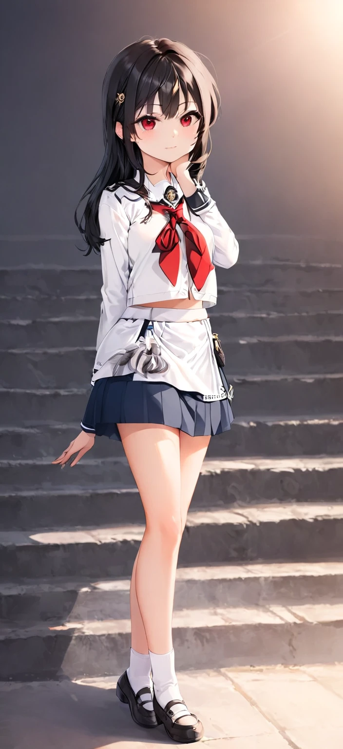 1 woman,High school girl, cute woman ,Wearing a white uniform, navy blue skirt,The tie is red,Black Hair,