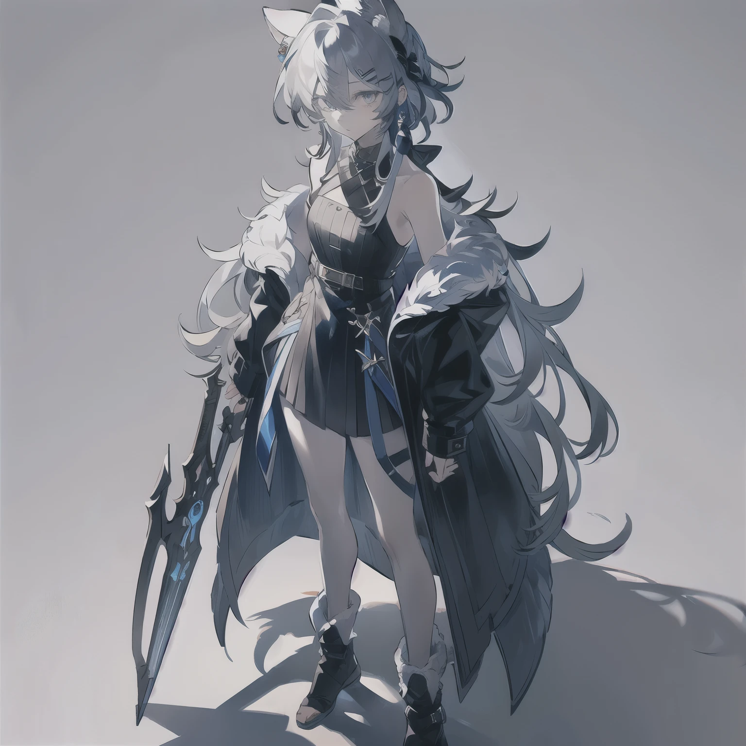 1boy, 1girl, ahoge, animal ears, bangs, bare shoulders, blue eyes, boots, braid, closed mouth, earrings, full body, fur trim, gloves, grey background, hair between eyes, hair ornament, hairclip, jacket, jewelry, looking at viewer, necklace, off shoulder, sleeveless, solo, standing, weapon, white hair

