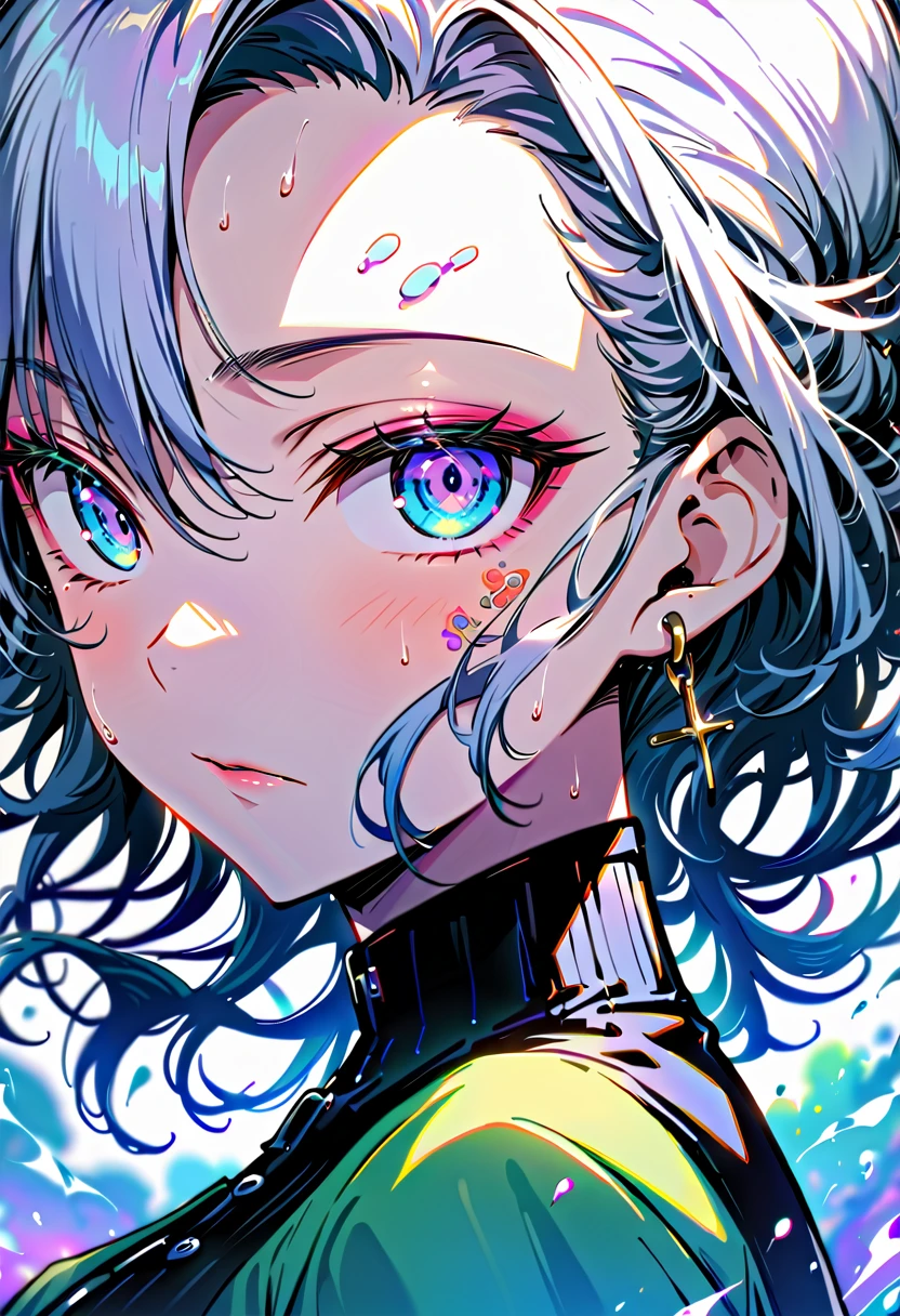  a woman's detailed face and her beauty ,  perfectly detailed face ,  particles of water floating everywhere in bright colors