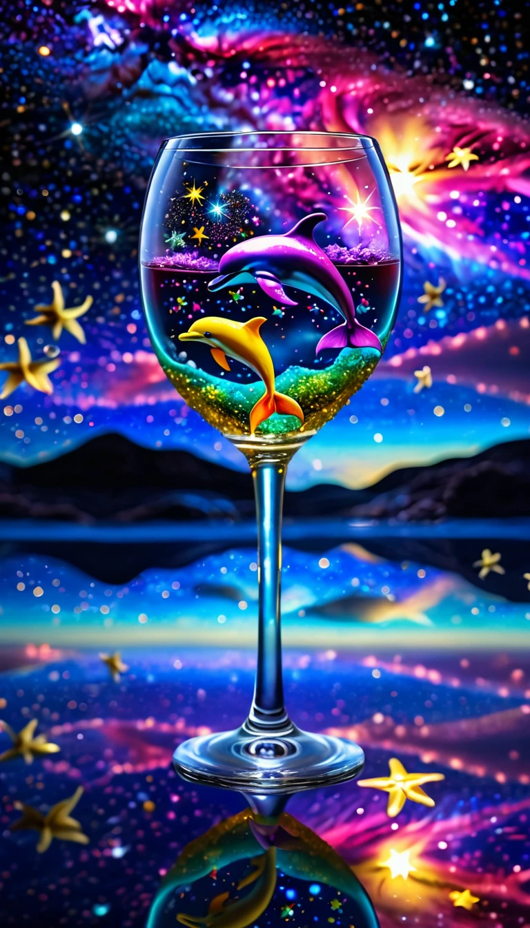 Made by AIS-RCN, 8K Photo, "words,   from、 Fluorescent Rainbow Glass Dolphin ,  ワイングラスfrom飛び出す,    turning thoughts into delicate works of art  .", Supple,   Side Light,   Wine Glass Closeup  , Glass Starry Sky ,   miniature cosmos  ,  Twinkle Ring Stars , Colorful Nebula, galaxy, Space dust, Glass Reflection, Surface Distortion, The background is a starry sky, In comparison, Depth , Super detailed, Dark Background, Yellow Stars The Beauty of Paradise , Macro photography