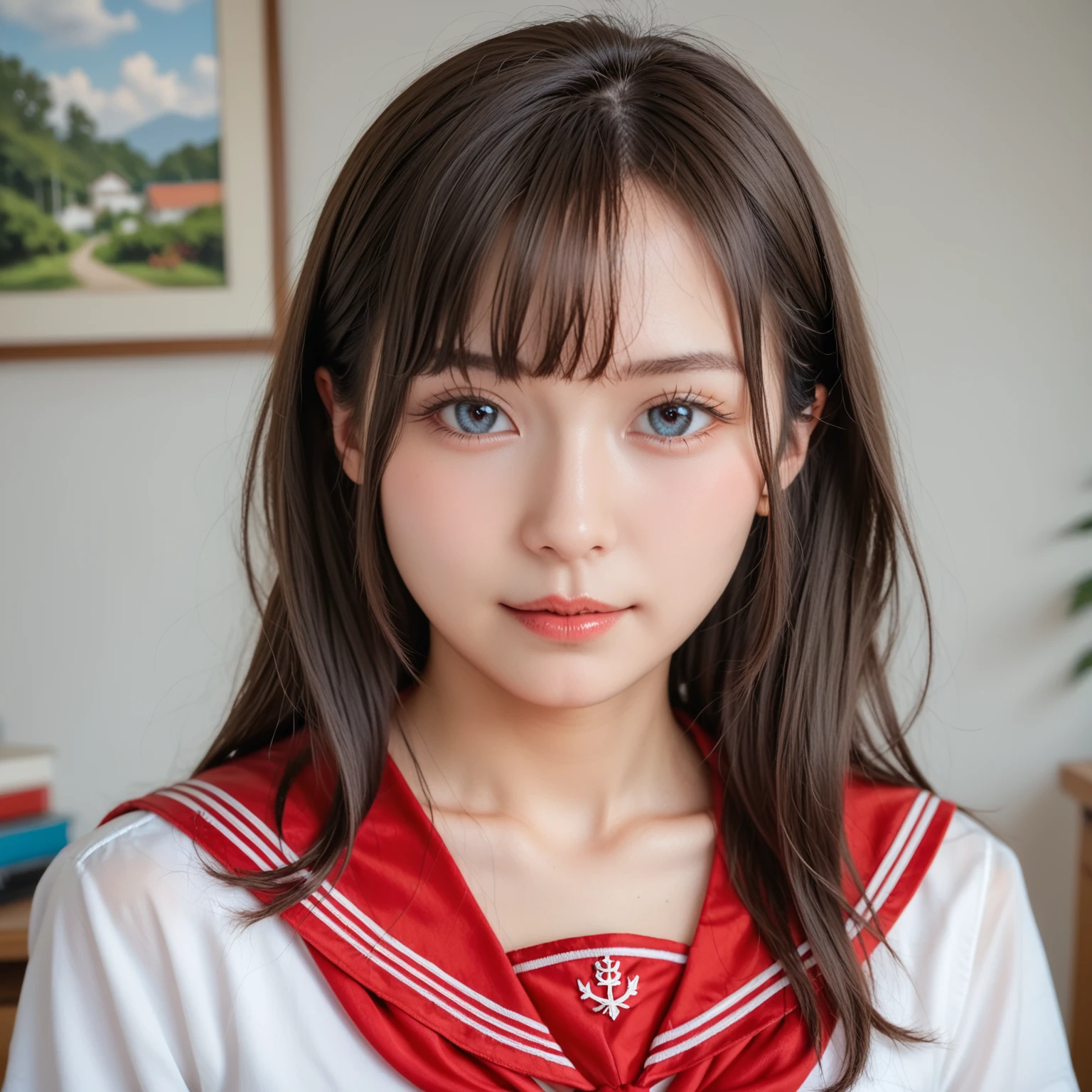 masterpiece, best quality, 8k, highres, ultra-detailed, (realistic:1.37), (photorealistic:1.37), HDR, UHD, studio lighting, ultra-fine painting, sharp focus, physically-based rendering, extreme detail description, professional, BREAK, best quality, cure Japanese Gal,, round face,150cm,white skin,upper body, looking at viewer, wearing school sailor ,red sailor scarf,Roll up tops,expose bra, high school,class room