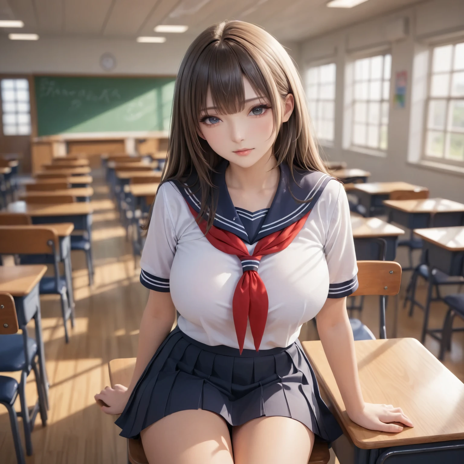 masterpiece, best quality, 8k, highres, ultra-detailed, (realistic:1.37), (photorealistic:1.37), HDR, UHD, studio lighting, sharp focus, physically-based rendering, extreme detail description, professional, BREAK, best quality, Japanese Gal,1girl,full body, large breasts,See-through bang , gradation color,straight hair,lookat viewer, wearing school sailor, red scarf,high school,class room
