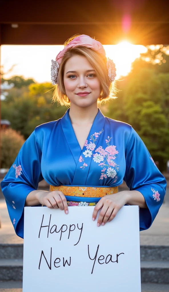 cowboy shot,  front view 1 woman, beautiful  American actress,Lea Seydoux ,  (blond short hair, beautiful  blue eye, smile), (C cup breasts, wide hip), (Japanese traditional blue Kimono, kimono's below  flower pattern , black obi with flower pattern, obi string ) ,  White board hold both hands, writing word "Happy New Year" 、 front Shinto shrine, sunrise ,