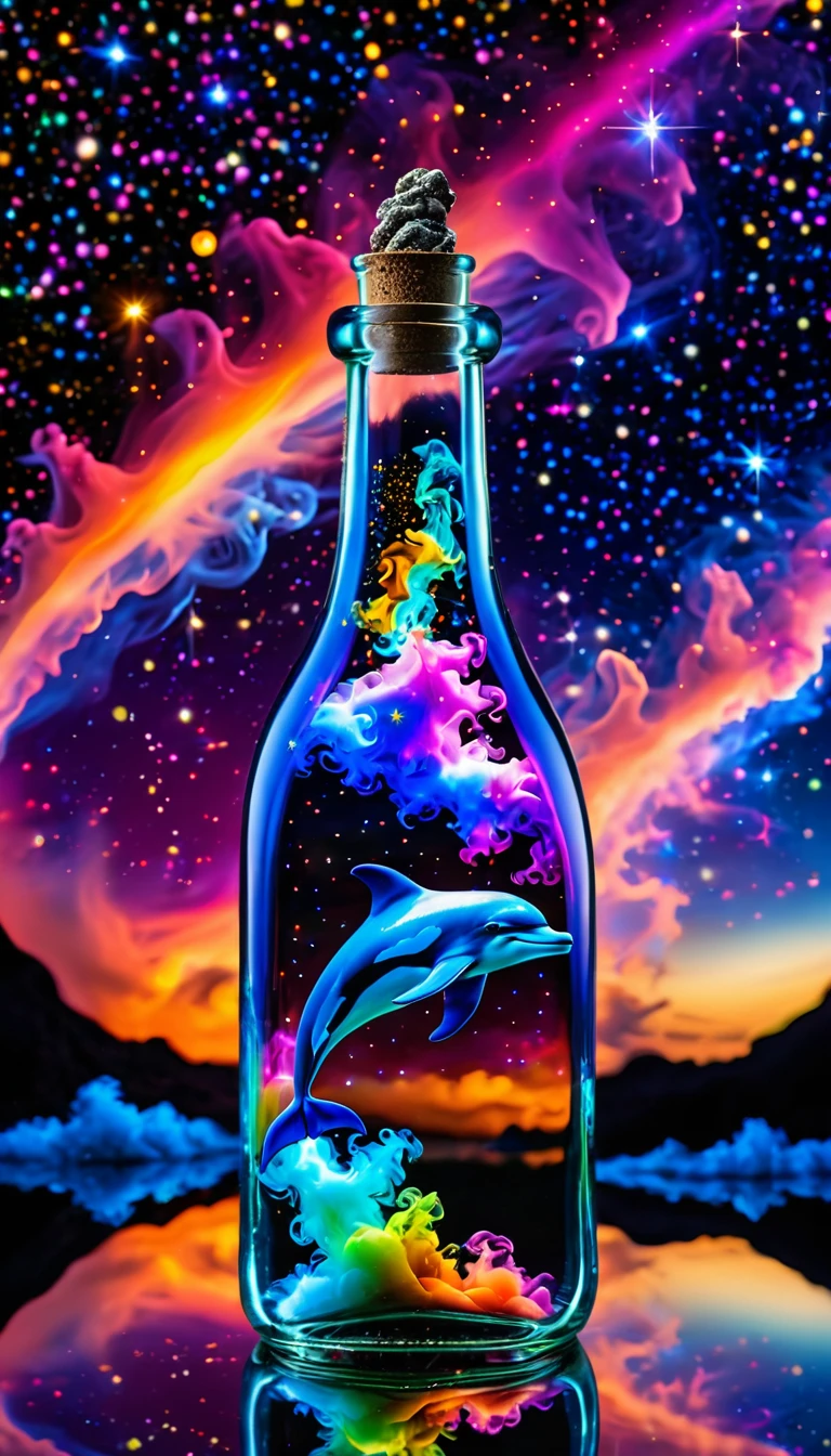 Made by AIS-RCN, 8K Photo, "words,   from、 colorful smoke rising from the glass {x} fluorescent color rainbow colored single glass dolphin ,  カクテルグラスfrom飛び出す,    turning thoughts into delicate works of art  .", Supple,   Side Light,   Glass Bottle Closeup  , Starry sky in a bottle,   miniature cosmos  ,  Twinkle Ring Star , Colorful Nebula, galaxy, Space dust, Glass Reflection, Surface Distortion, The background is a starry sky, In comparison, Depth , Super detailed, Dark Background, Beauty in Paradise , Macro photography、グラスfromカラフルな煙が立つ