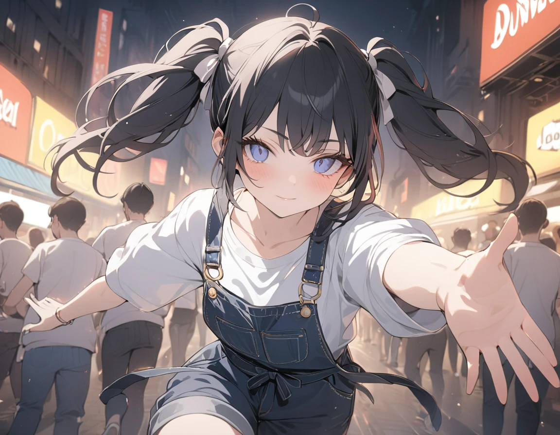 (((Best quality, 8k, Masterpiece: 1.3)), ((best quality)), ((masterpiece)), (detailed), perfect face, black hair, long hair, twintails, ribbon, Girl in overalls, dancing, Street dancer, street fashion, hip hop