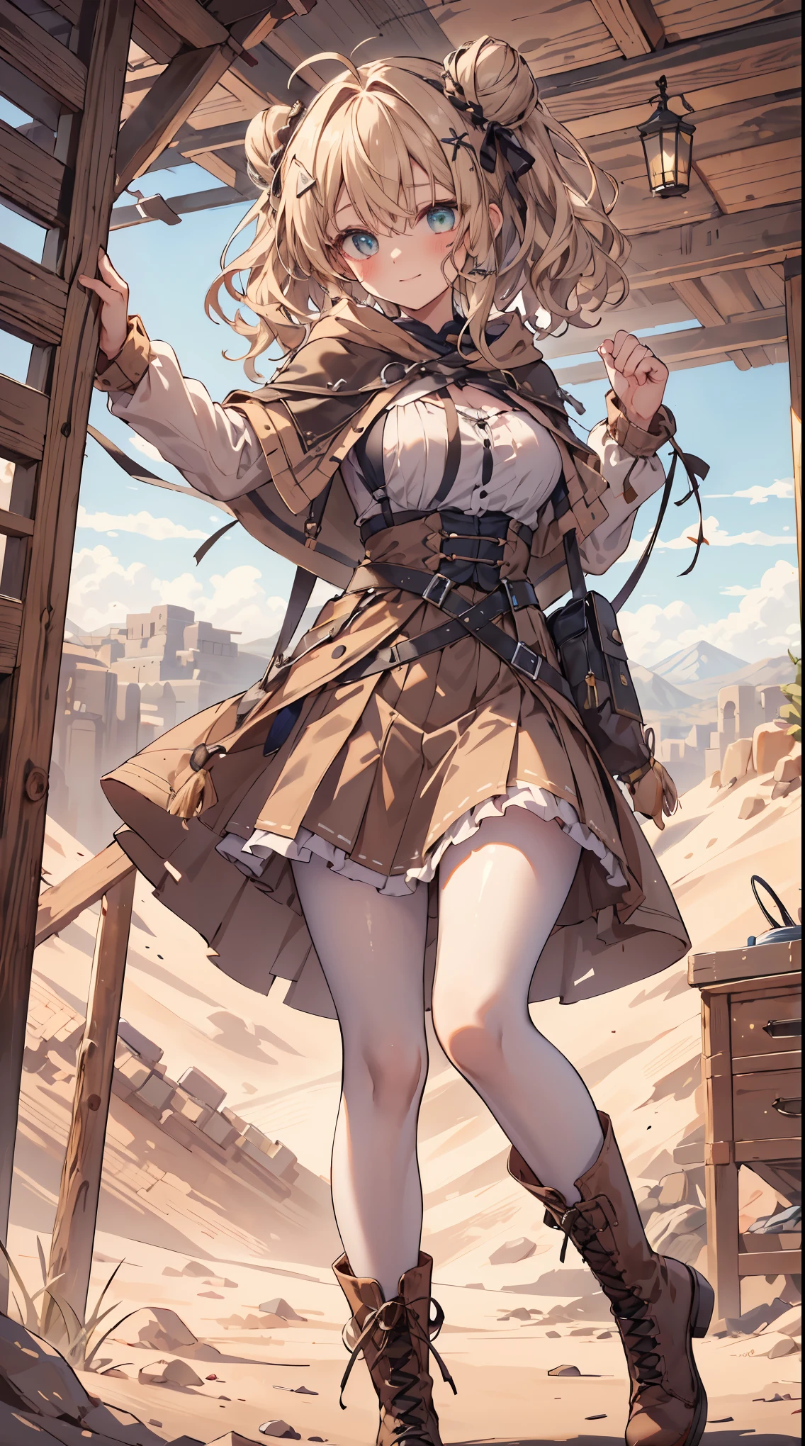 masterpiece, 1 girl, sparrow, a blonde haired girl, wearing a medieval villager clothes, curly long hair, messy hair, slim body, he close her left eye, shirt ornament, ruby eyes, ahoge, baby face, long sleeves, beautiful eyes, boots, droopy eyes, her age is 19, nagisa_bluearchive, innocent face, medium hair, curly hair, MongolPunkAI, big breasts, view from right down, she tease you, lend a hand to you, she very close to you, rainbow_one, farmer clothes, pleated skirt, crocth tattoo, innocent smile, medieval basement, hair ribbon, twin hair bun, innocent smile, brown skirt, brown hood, brown capelet, brown riding hood girl, wearing her hood, white pantyhose, green top of mountain, ribbon