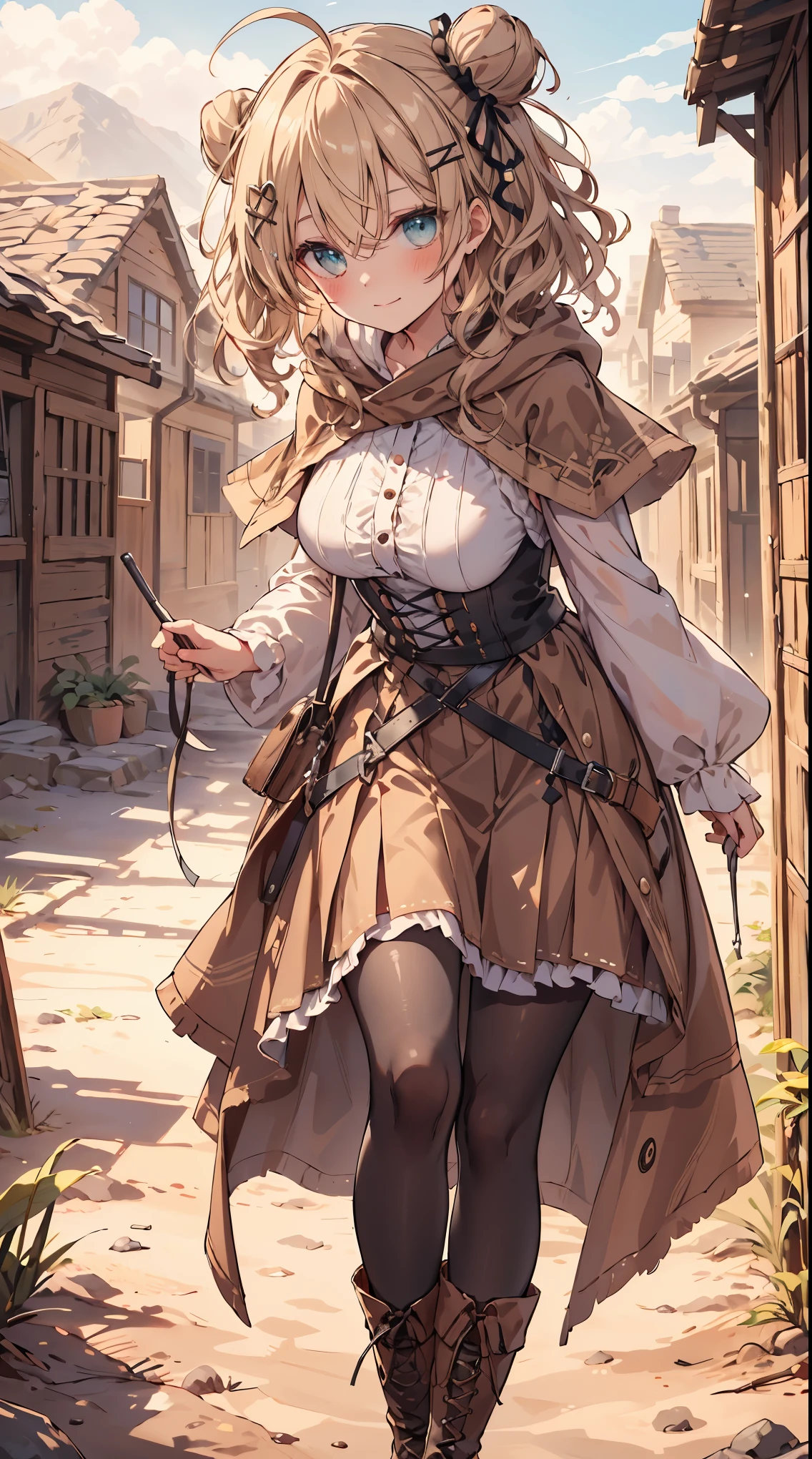 masterpiece, 1 girl, sparrow, a blonde haired girl, wearing a medieval villager clothes, curly long hair, messy hair, slim body, he close her left eye, shirt ornament, ruby eyes, ahoge, baby face, long sleeves, beautiful eyes, boots, droopy eyes, her age is 19, nagisa_bluearchive, innocent face, medium hair, curly hair, MongolPunkAI, big breasts, view from right down, she tease you, lend a hand to you, she very close to you, rainbow_one, farmer clothes, pleated skirt, crocth tattoo, innocent smile, medieval basement, hair ribbon, twin hair bun, innocent smile, brown skirt, brown hood, brown capelet, brown riding hood girl, wearing her hood, white pantyhose, green top of mountain