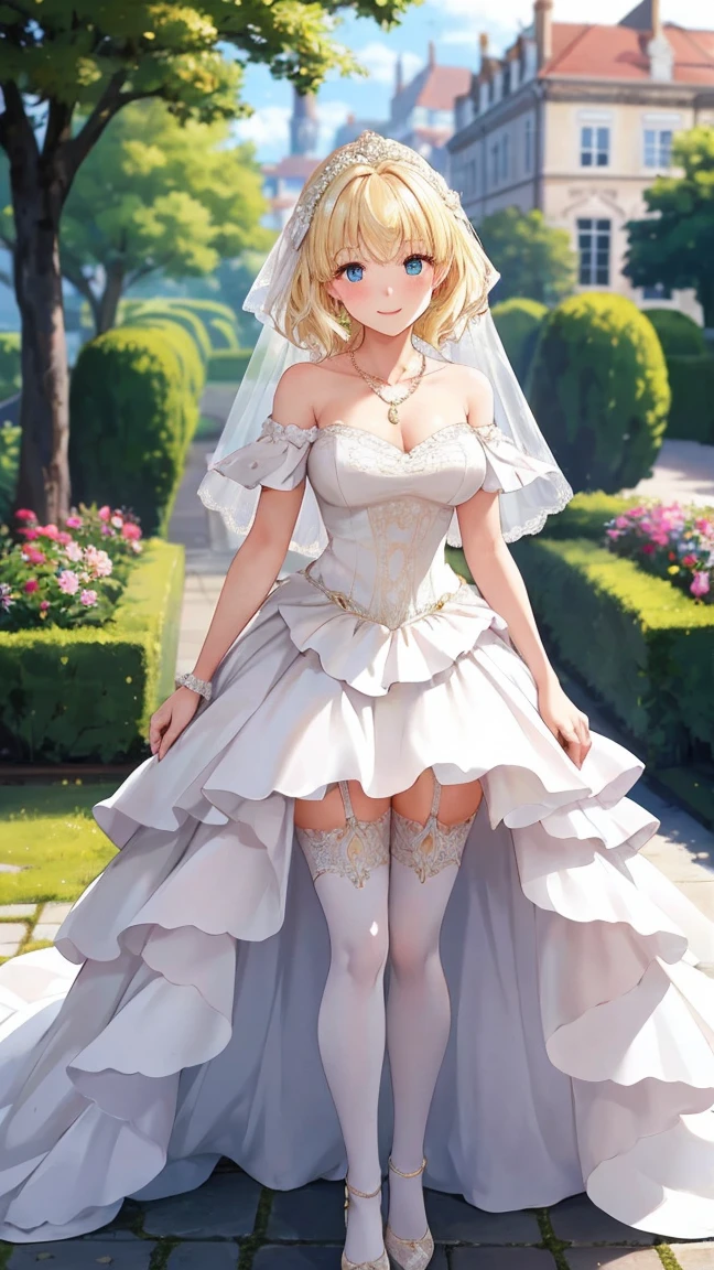 ultra detailed, sharp focus, best quality, masterpiece, colorful, mariacampbell, 1girl, blonde hair, full body shot, blush, intricate details, glossy lips, standing, layered wedding dress, garden, city, necklace, skirt parted in front, white thigh highs, light smile