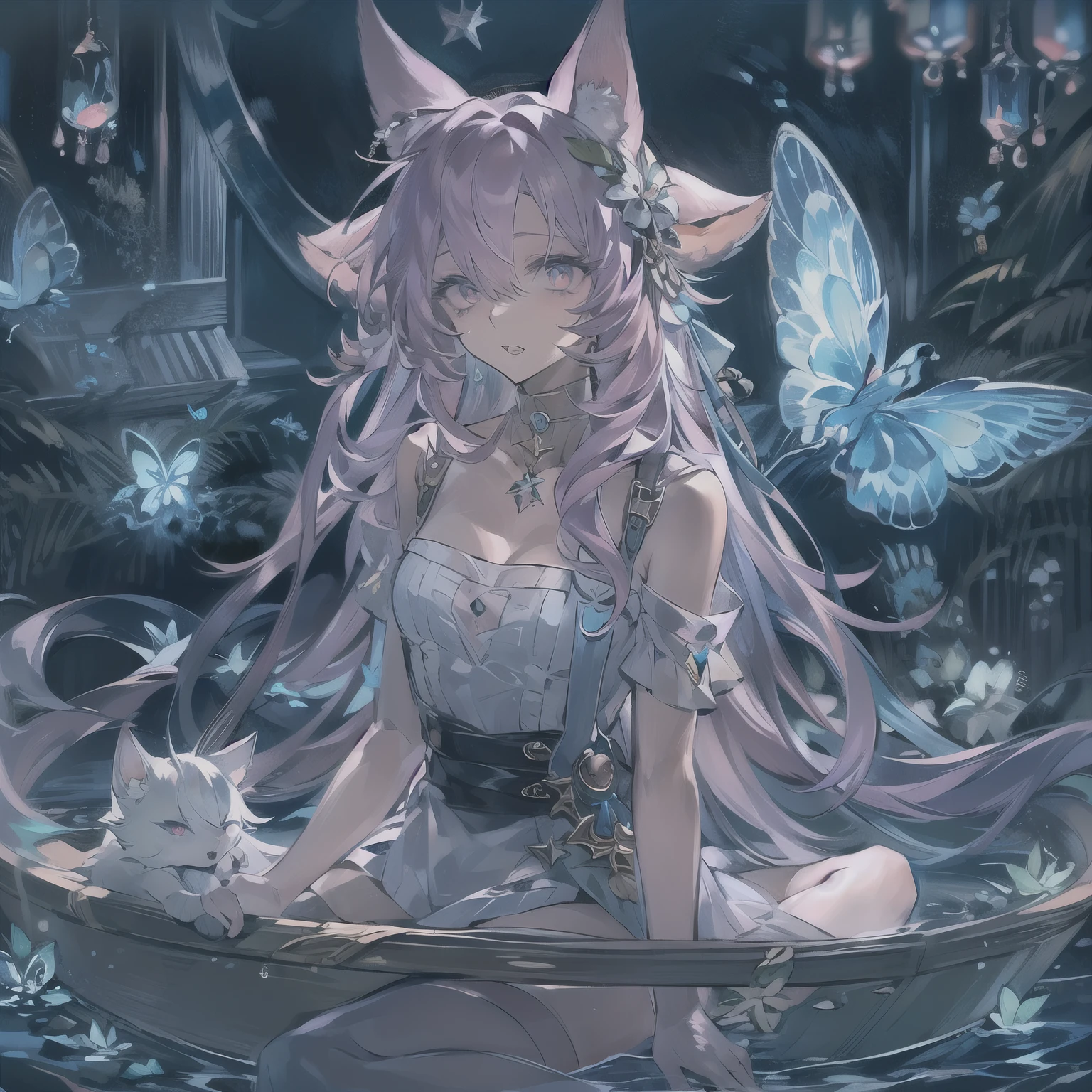 Fox ears,  Fox Tail,  - Girl Sitting on a Boat in the Water, Crystal Glowing Eyes , Sea butterflies , Night Strike ,  Fairy Lights ,  Very Deep Sea ,  Long shiny hair , Night Core, Very ethereal,  Stage Girl Dress .
