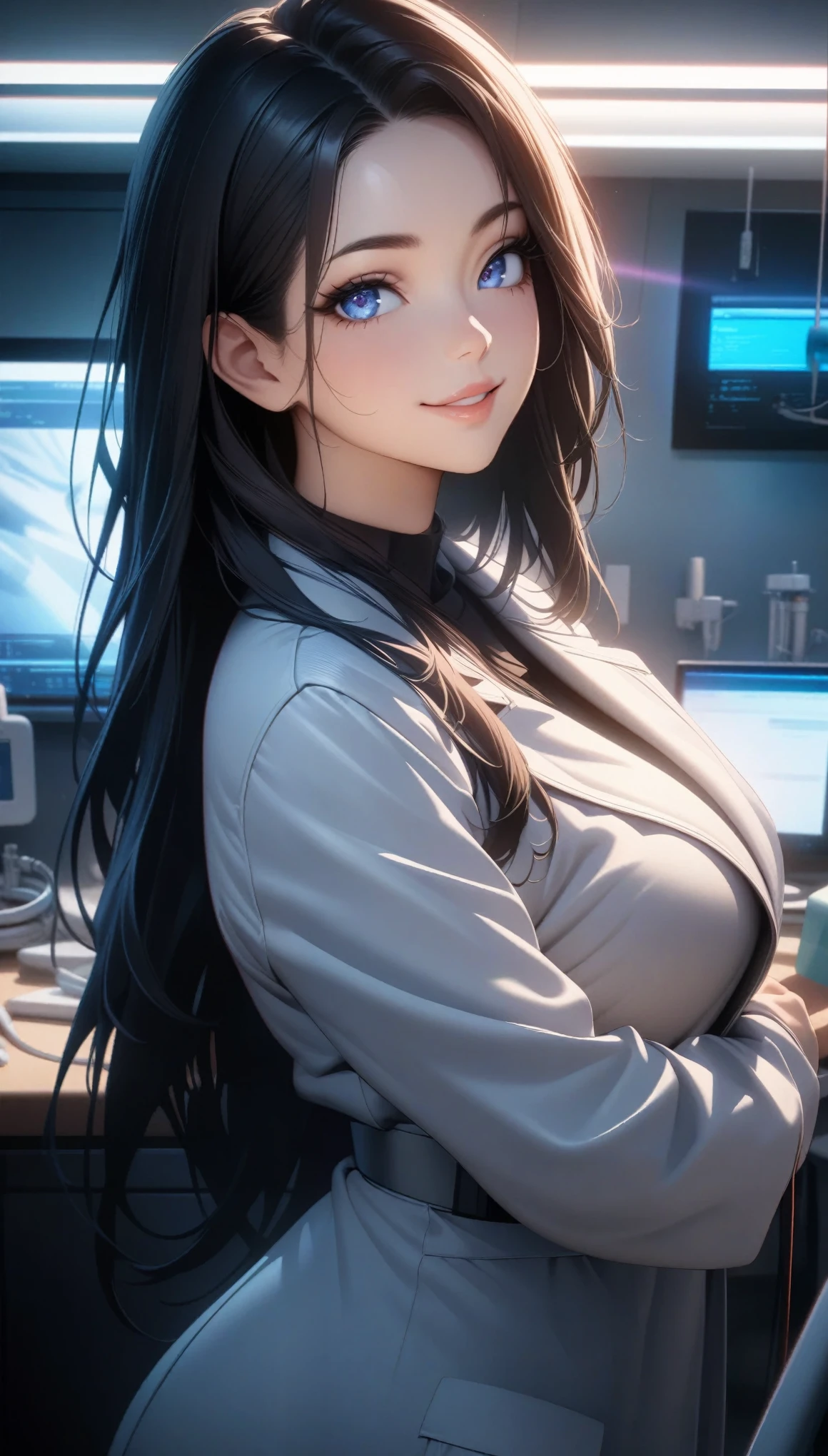  sexy female doctor in examination room,  very detailed, 1girl, ( beautiful detailed eyes,  Beautiful Detailed Lips,  Beautiful Detailed Face ,  long eyelashes ), Black Hair,  long straight , smile,  Staring at the Audience, Sexy white coat , Medical Devices,  sexy pose, Random Action,  medical office interior ,  Cinematic Lights , Clean Room, Warm lighting,  Soft Focus :1.2,  digital painting , (High image quality,  high quality, 8k,  very detailed, Beautiful CG illustrations), masterpiece:1.2.