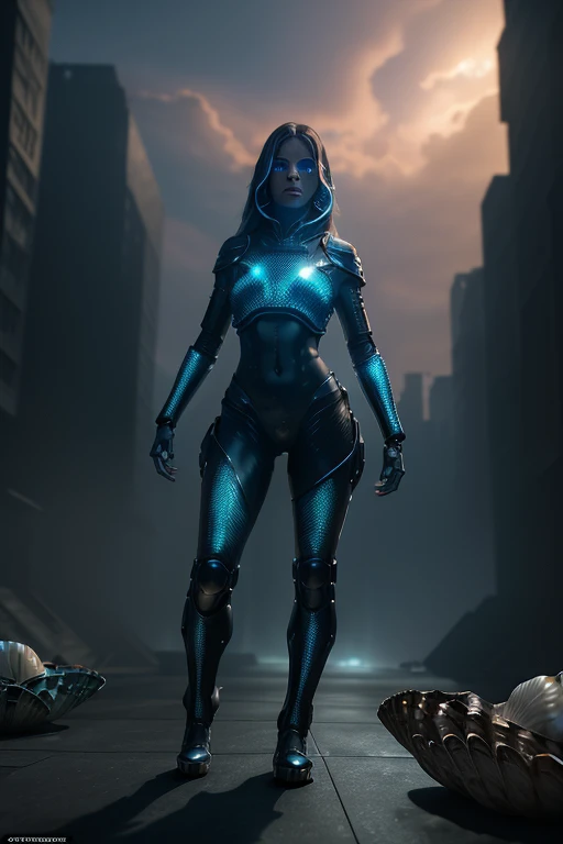 Cinematic, photorealistic, high-quality 8k lighting (detailed futuristic giant girl: 1.4), atmospheric environment, dramatic sky (detailed and realistic scales, claws and shell: 1.3), intricate mechanical details (dynamic action pose: 1.2), ruined cityscape (glowing energy effects: 1.1), cinematic compositing