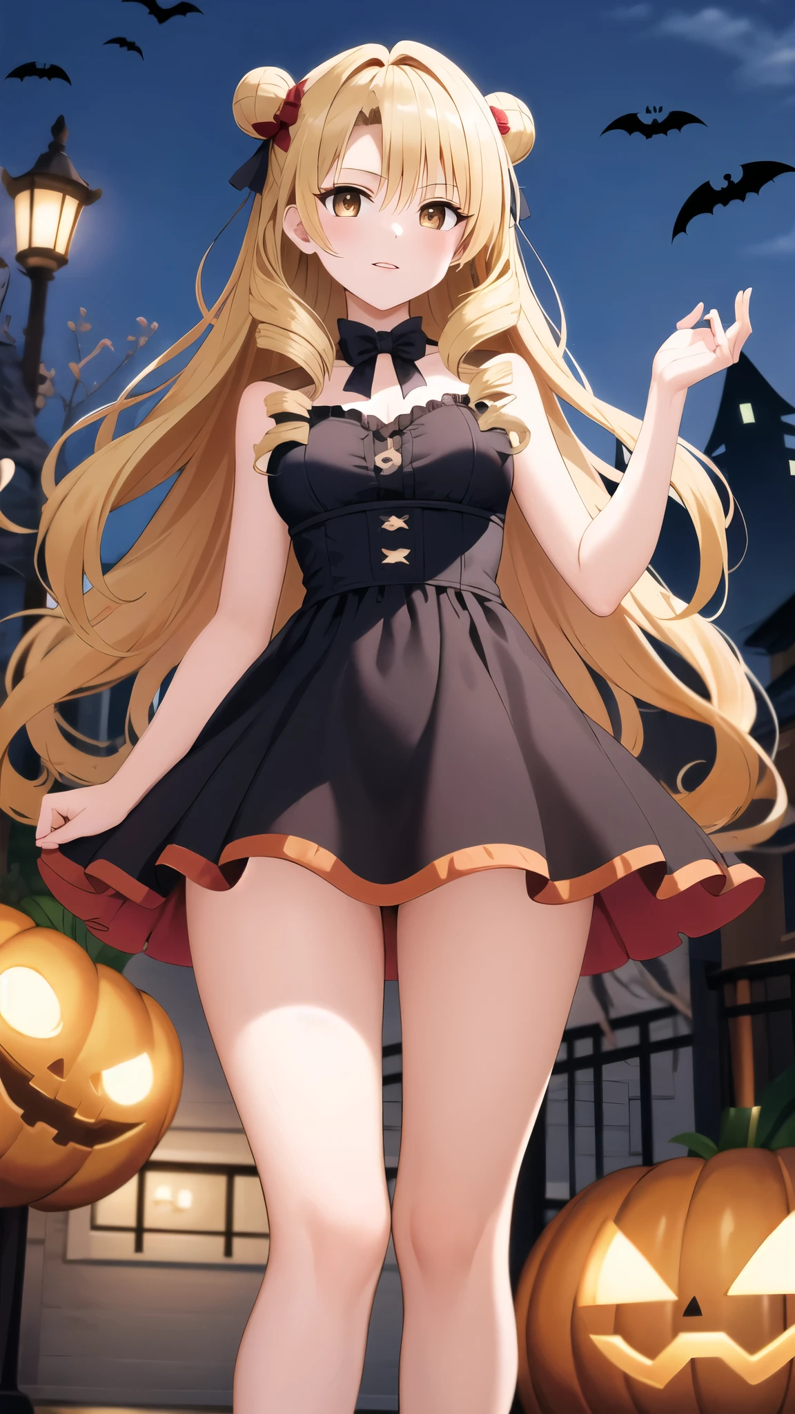 masterpiece, best quality, highres, 1girl, solo, long hair, blonde hair, double bun, drill hair, brown eyes, halloween Dress, standing, cowboy shot, outdoors,